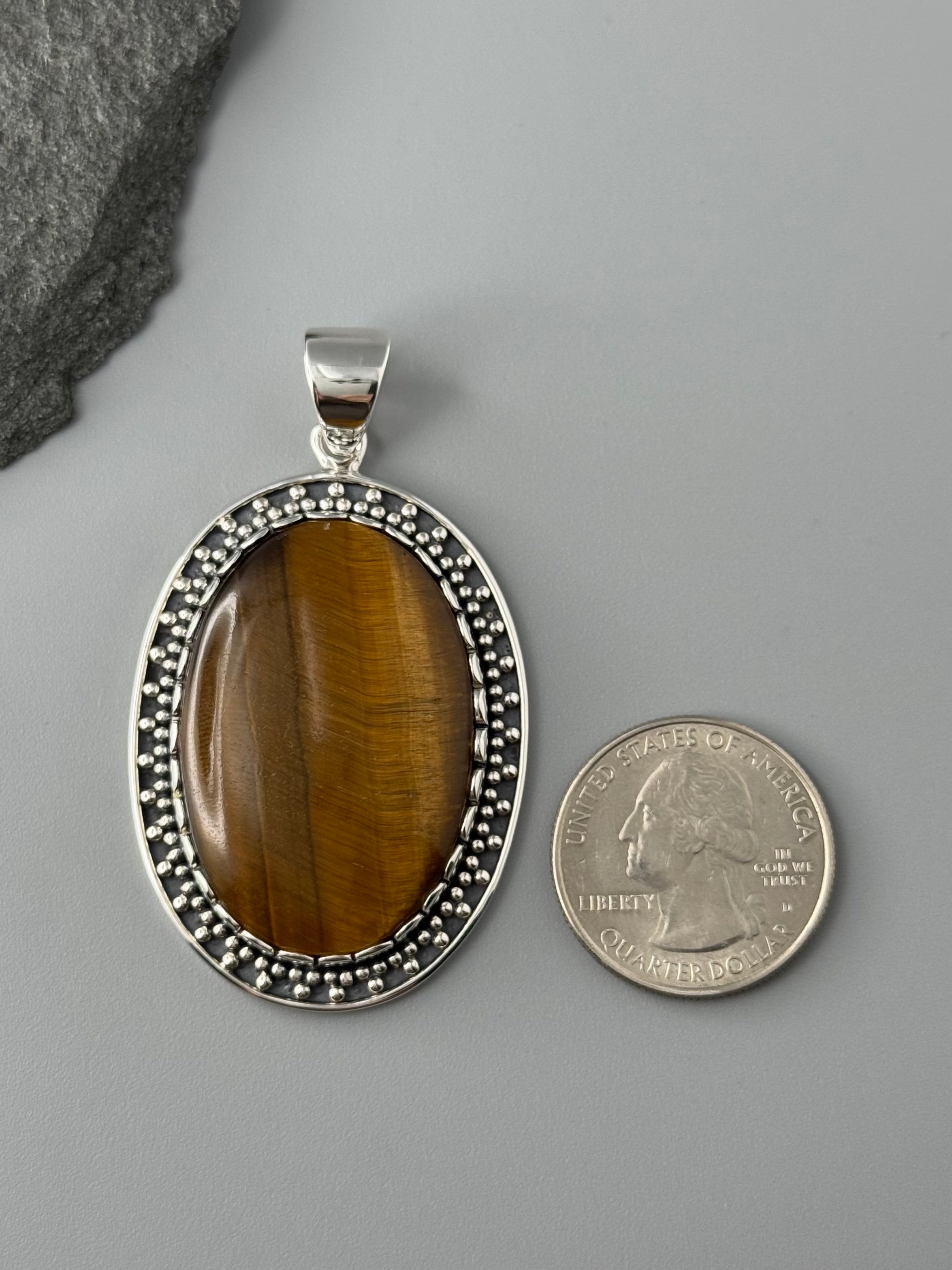 •TIGER EYE OVAL - LOOKING GLASS• sterling silver pendant