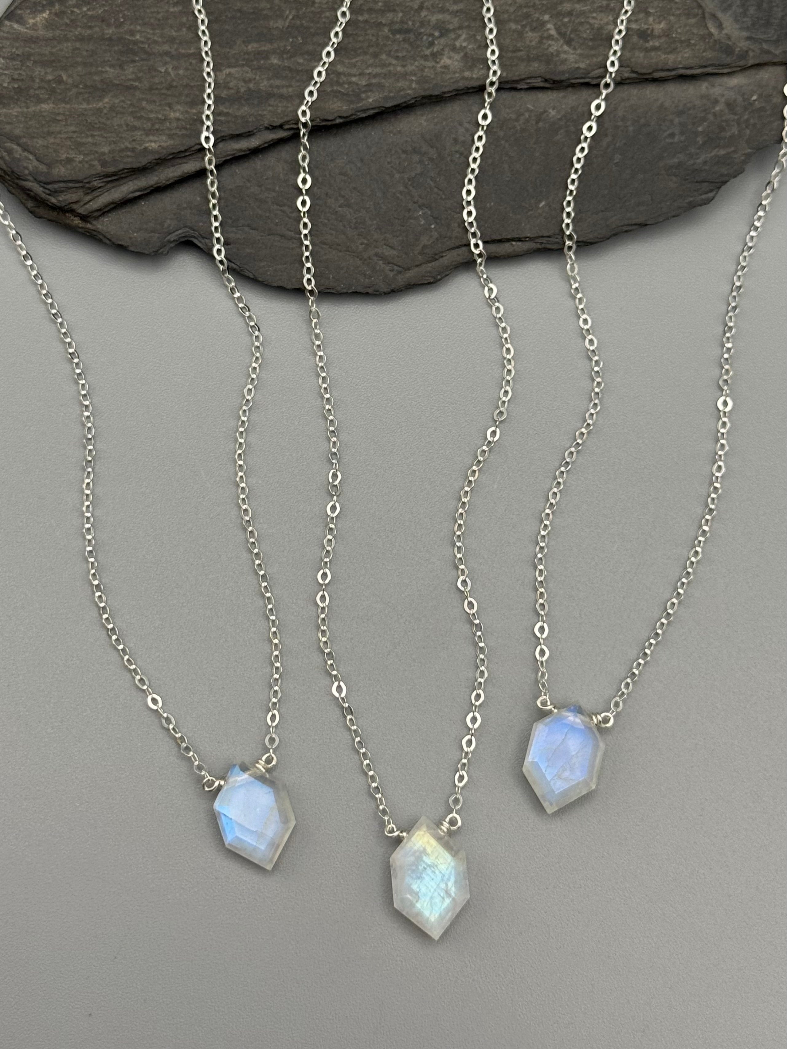 •STRAY• faceted rainbow moonstone lil' hex + silver necklace (various lengths)