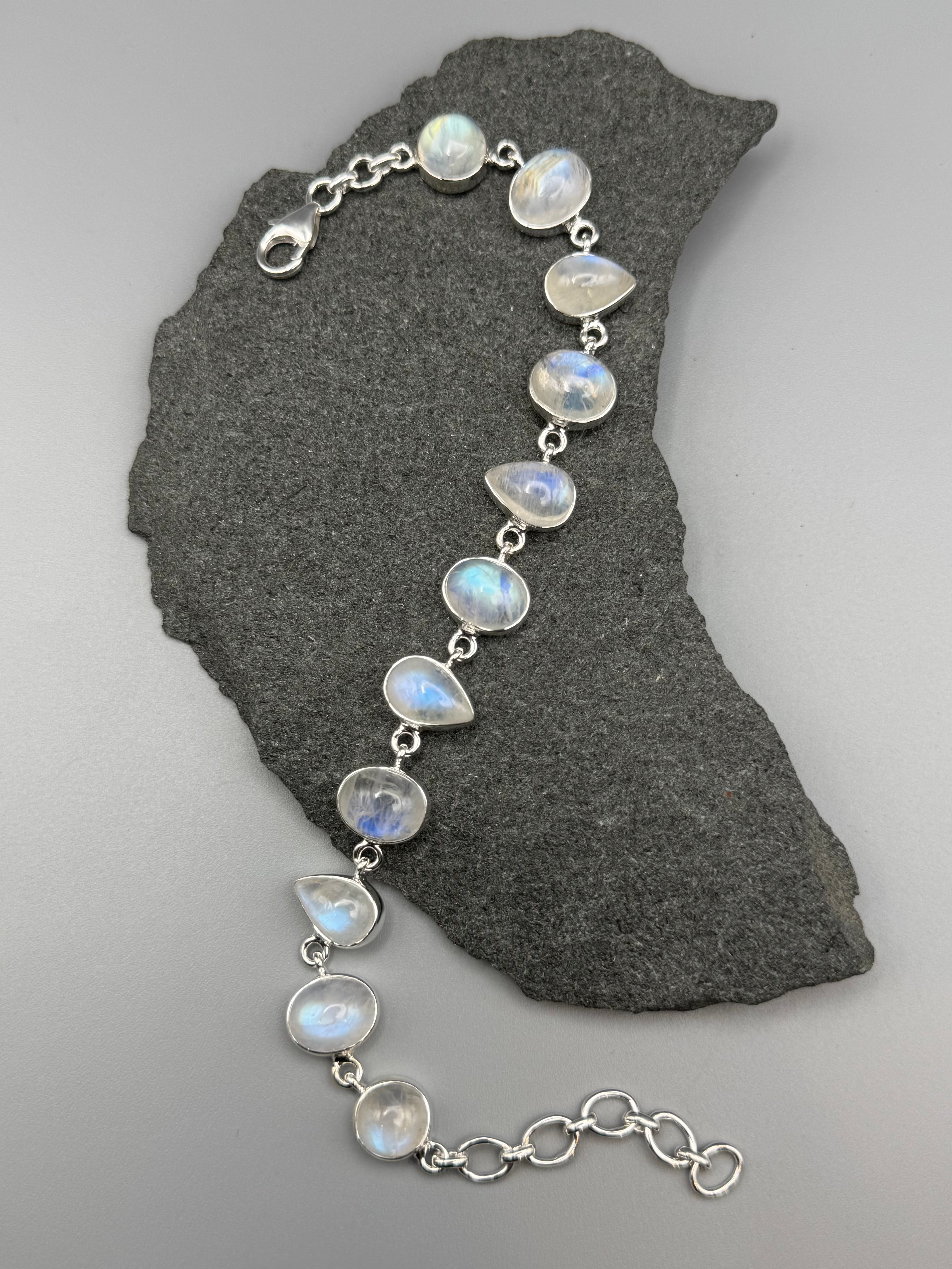 •RAINBOW MOONSTONE - GEO MIX• linked silver bracelet (7.5" - 9")