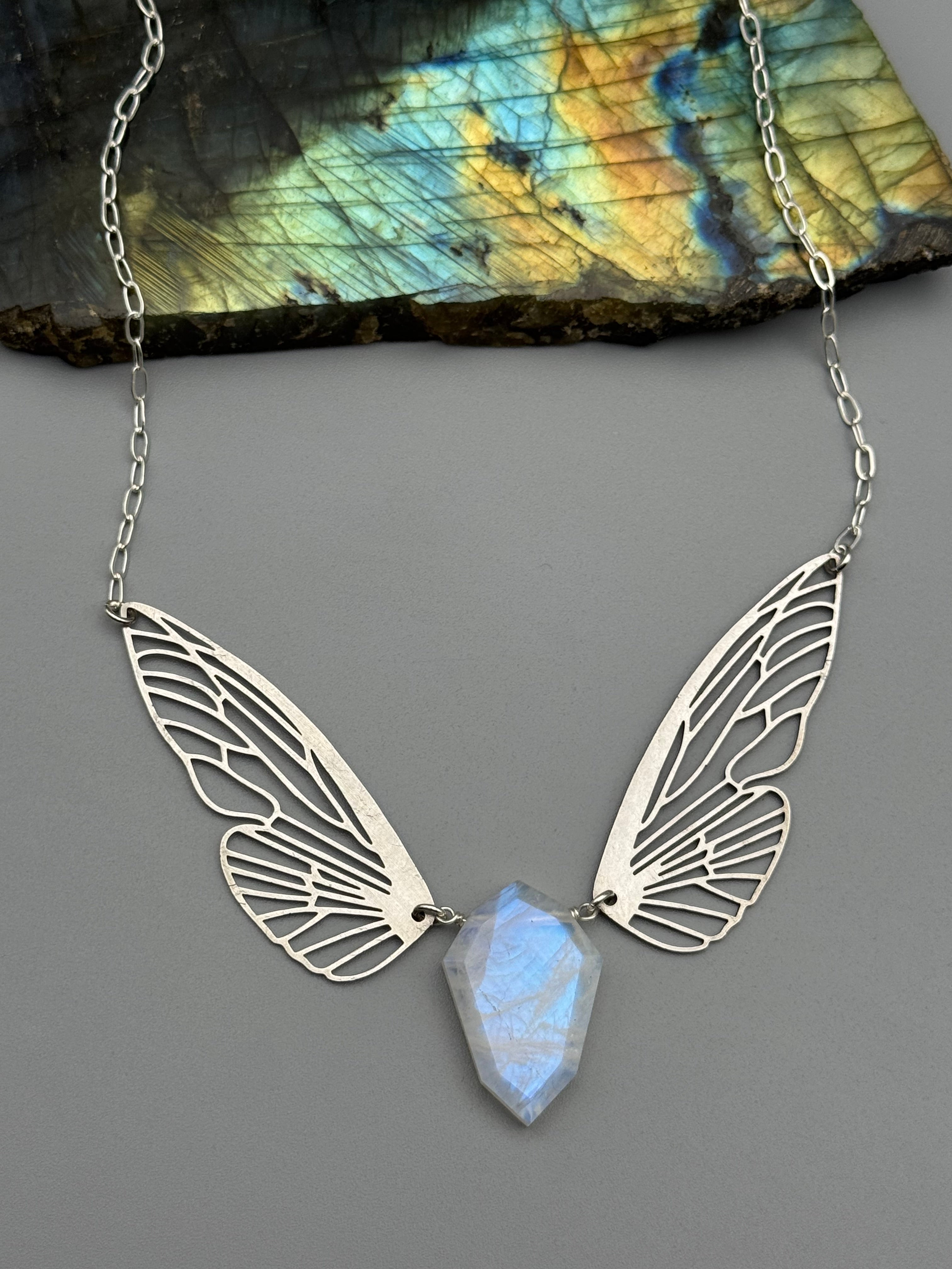 •METAMORPH• rainbow moonstone petal + silver necklace (16"-18" long)