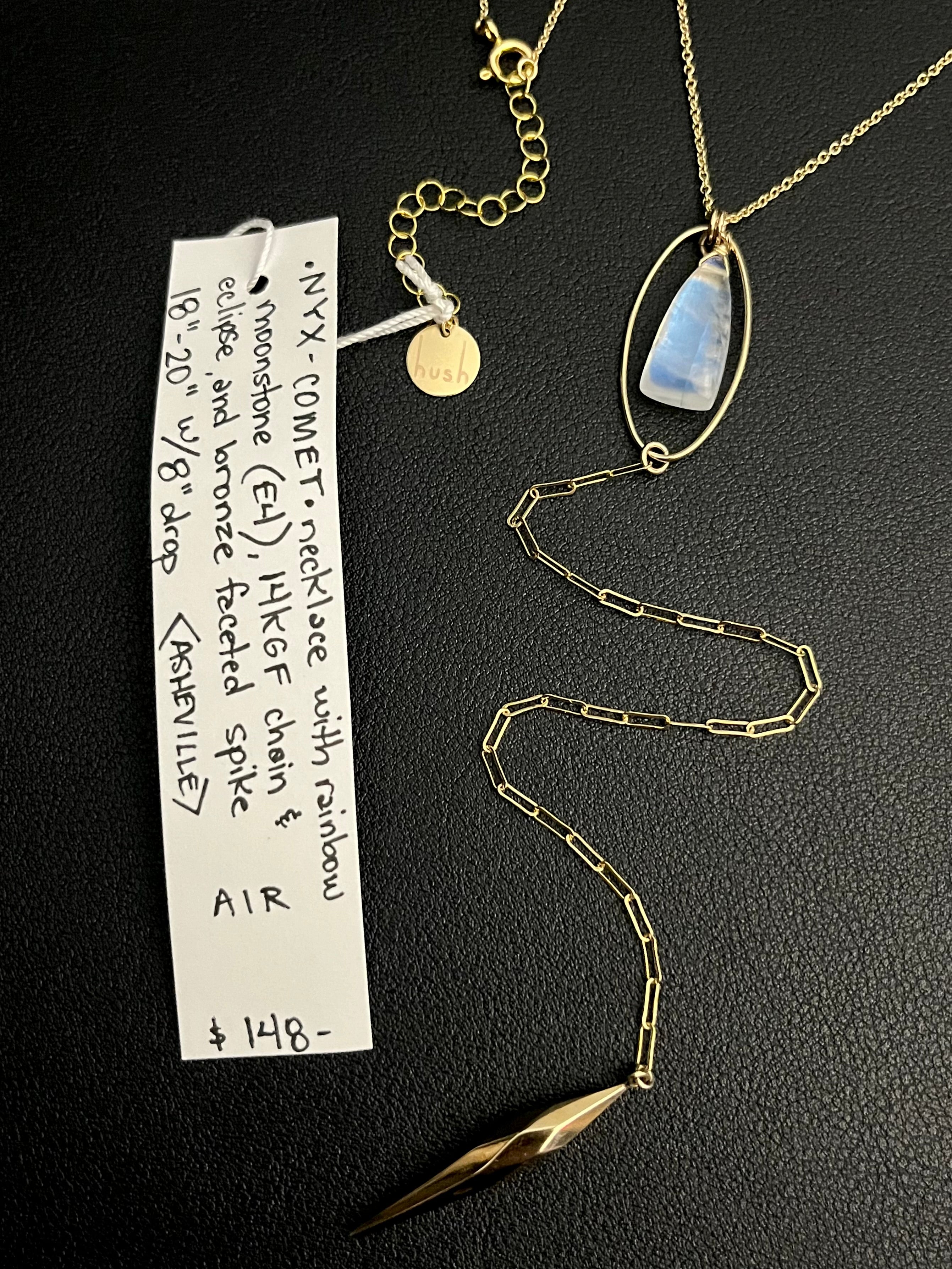 •NYX-COMET• rainbow moonstone + gold Y-necklace (18"-20" + 8" drop)