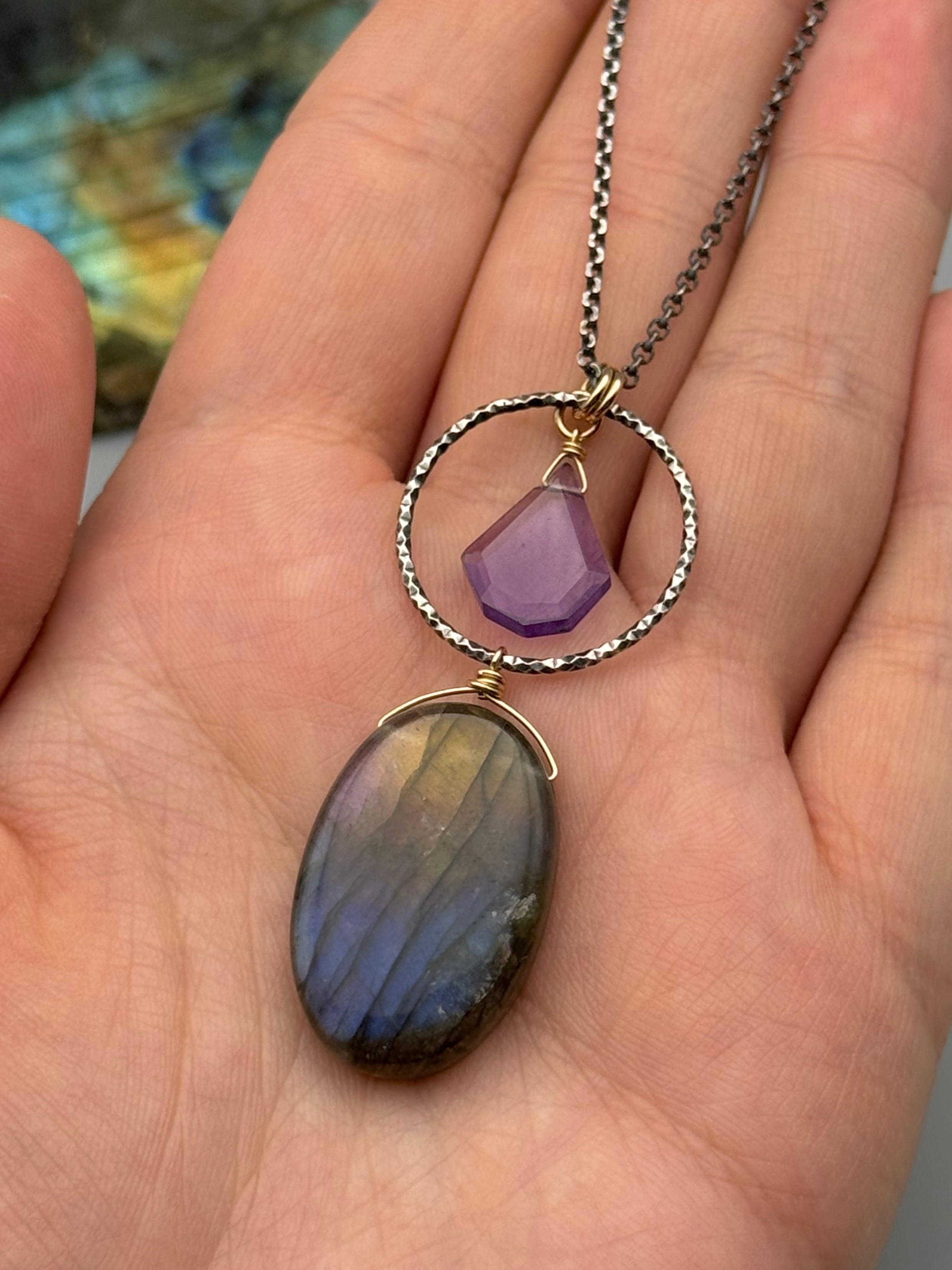 •LUNA• amethyst + labradorite mixed metal necklace (16"-18" long)