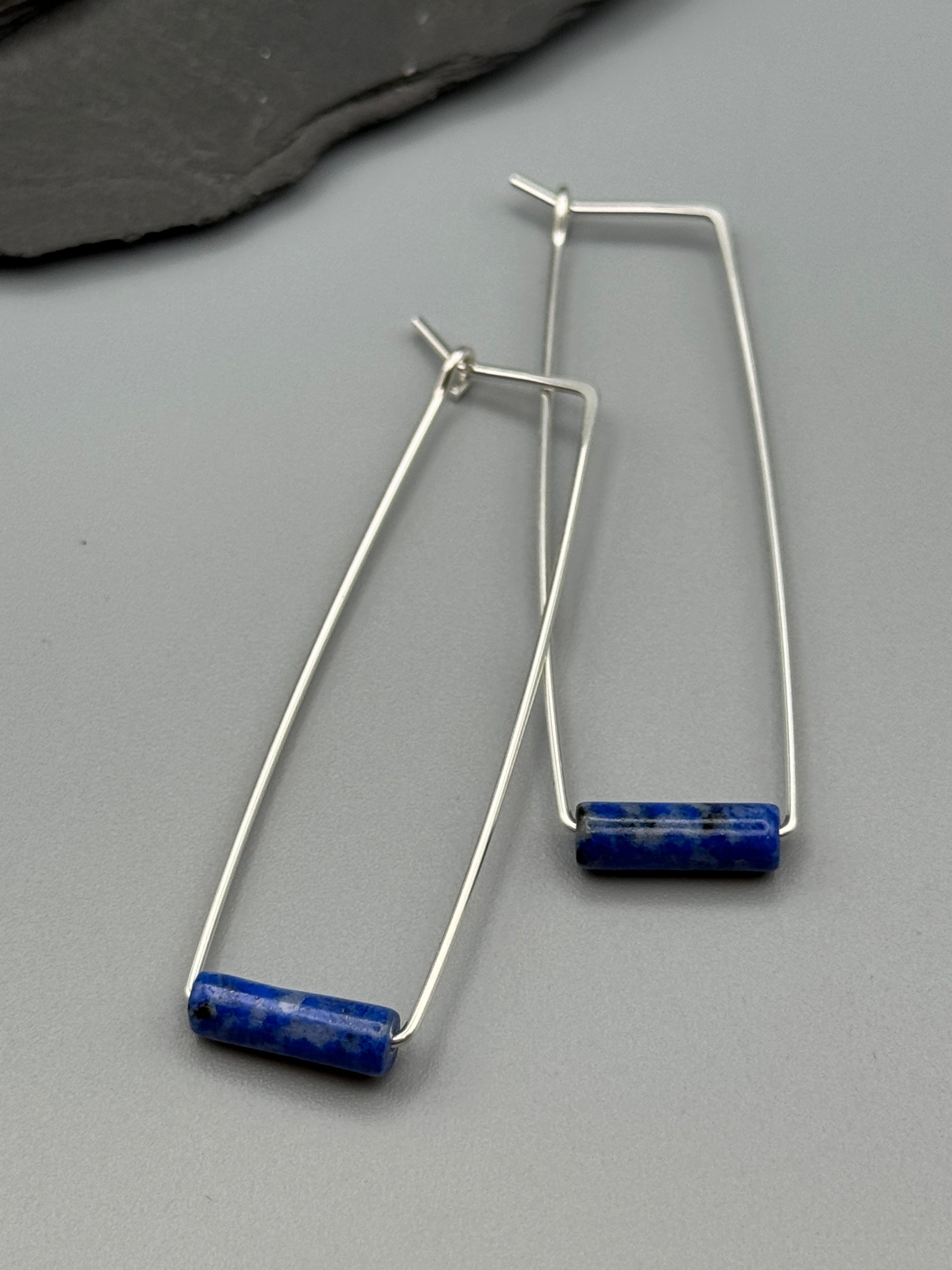 •RECTANGLE TUBE HOOP• lapis + silver earrings