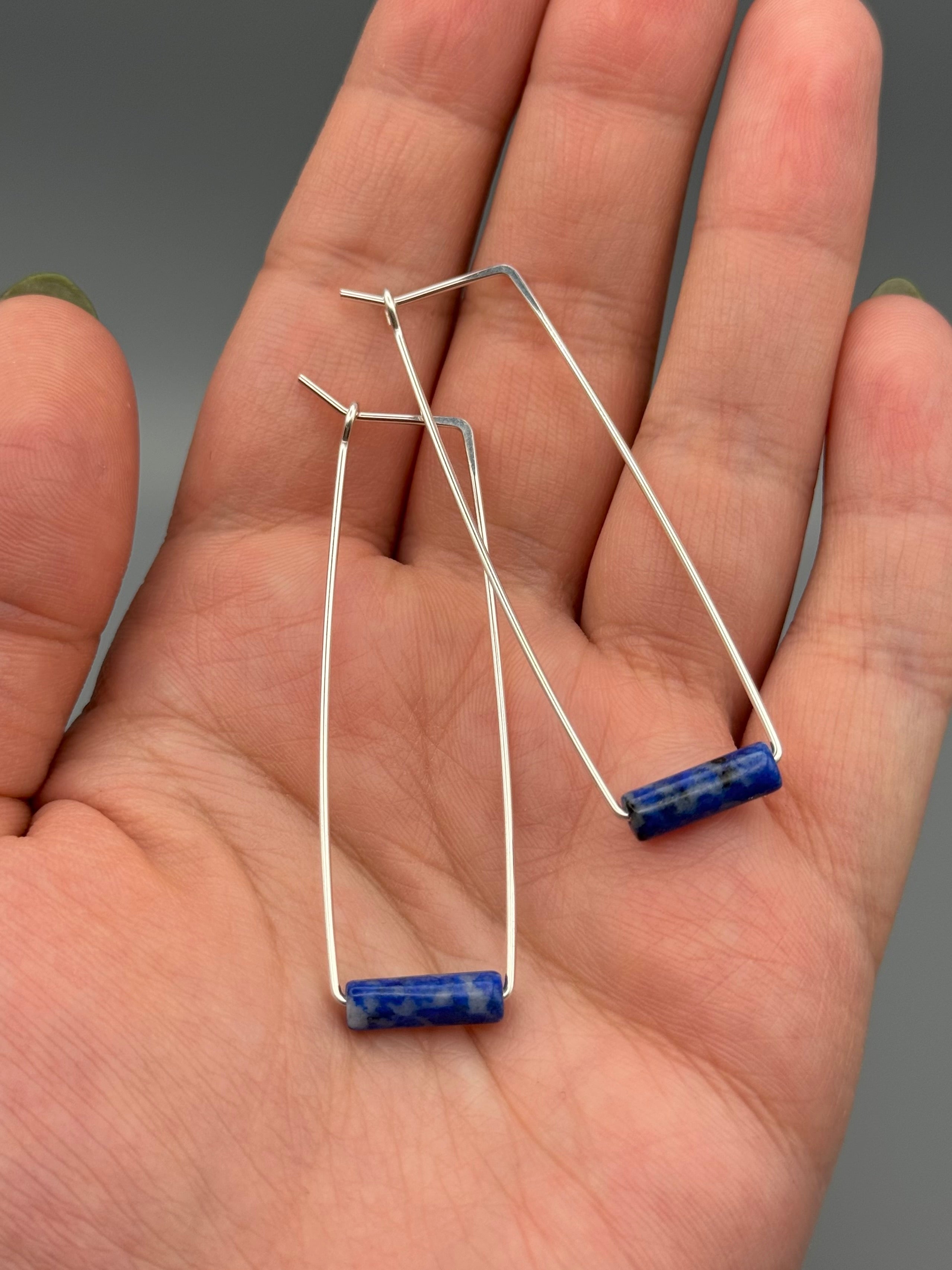 •RECTANGLE TUBE HOOP• lapis + silver earrings
