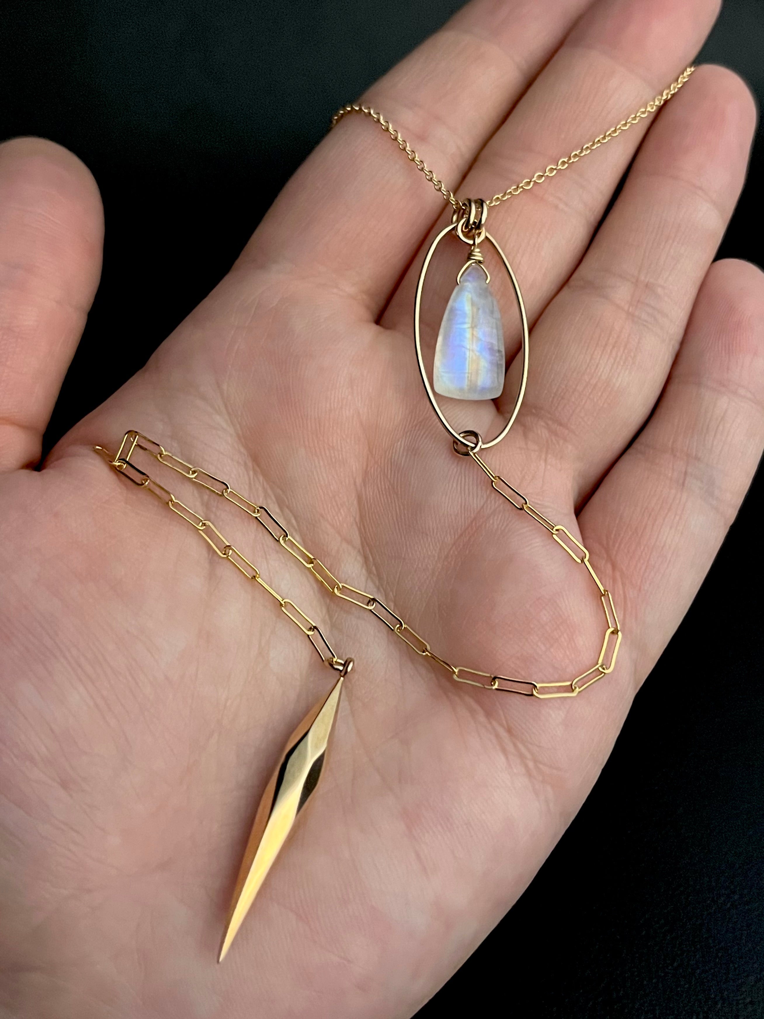 •NYX-COMET• rainbow moonstone + gold Y-necklace (18"-20" + 8" drop)