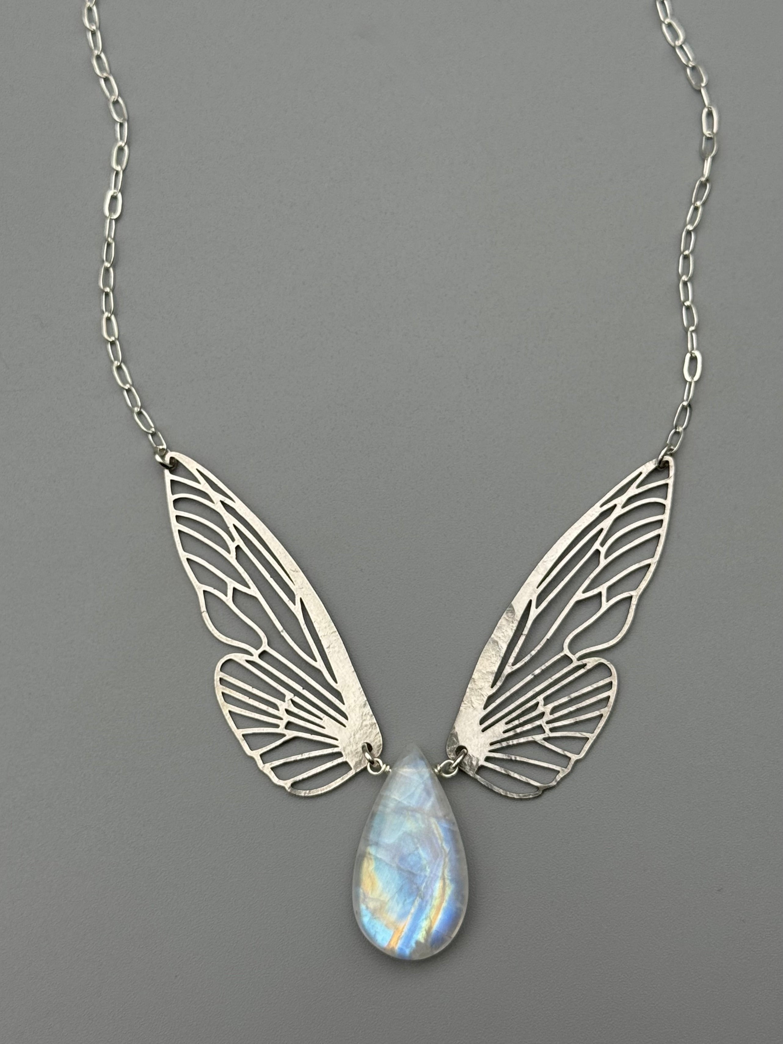 •METAMORPH• rainbow moonstone tear + silver necklace (16"-18" long)