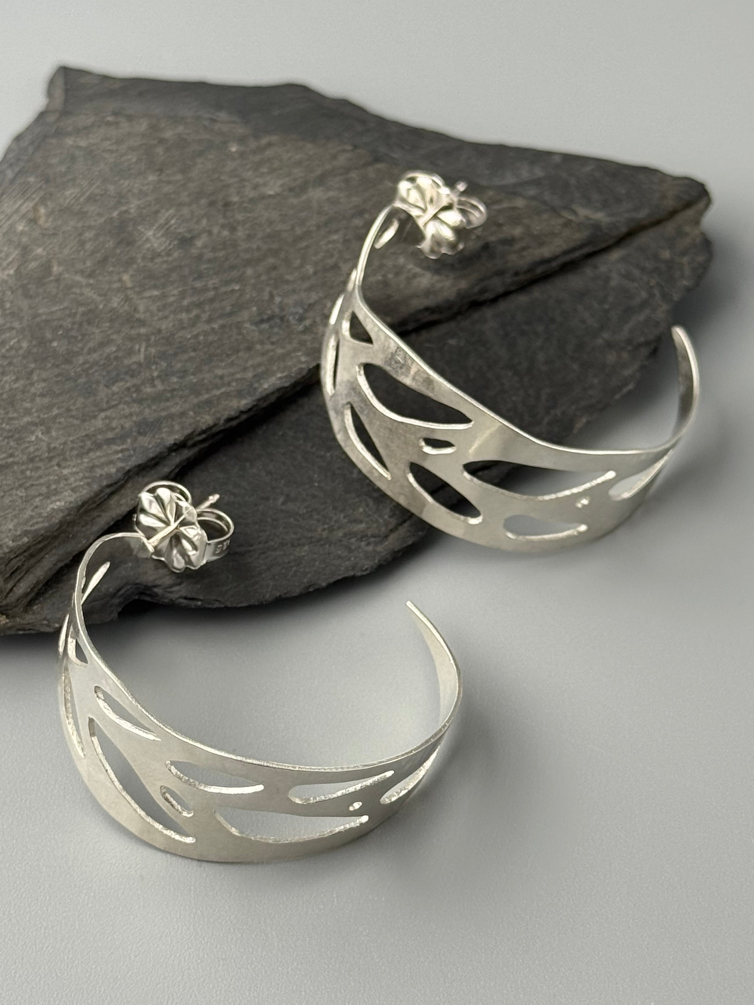 •MONSTERA HOOPS• silver post earrings