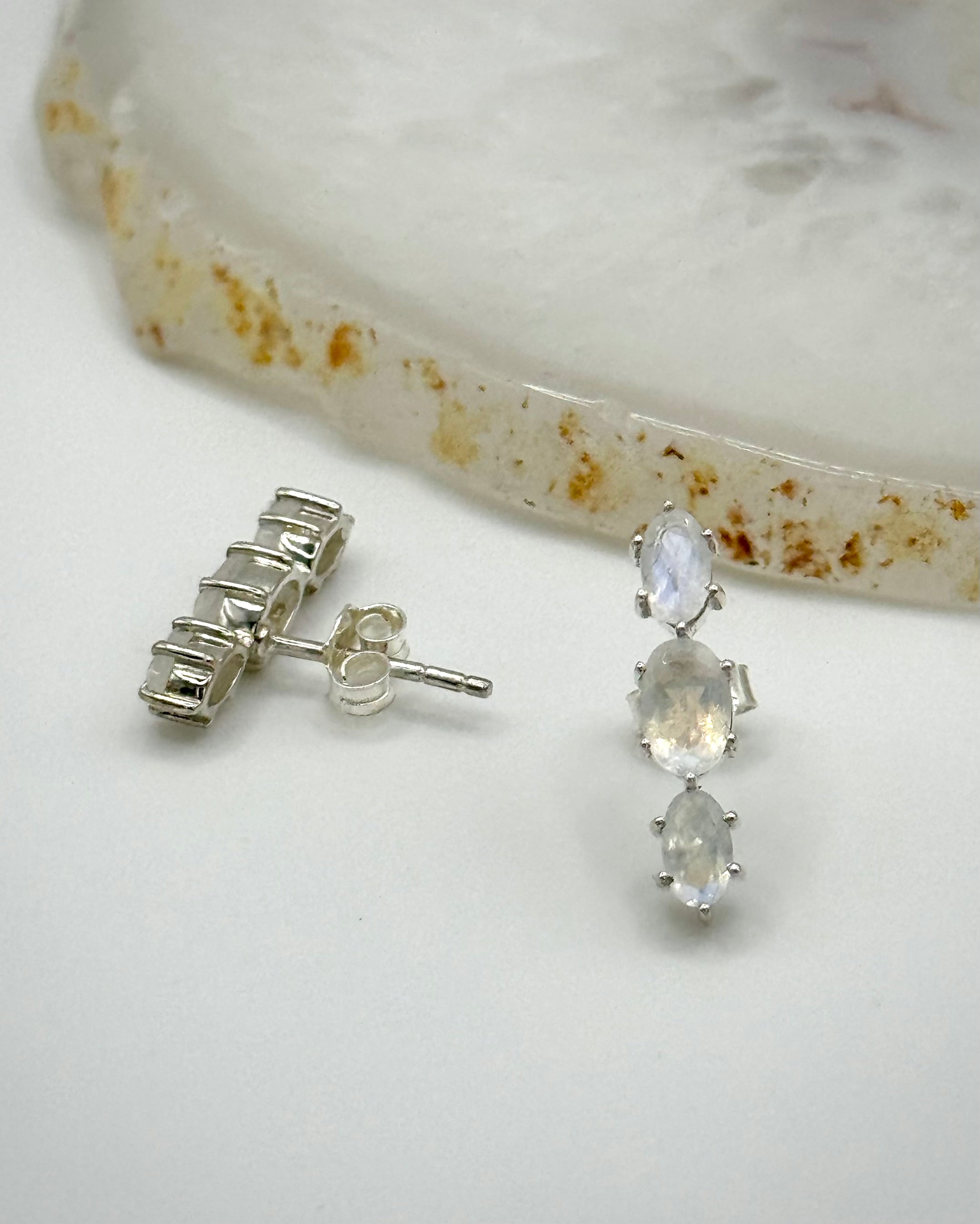 •RAINBOW MOONSTONE - FACETED TRIO• silver prong set stud earrings