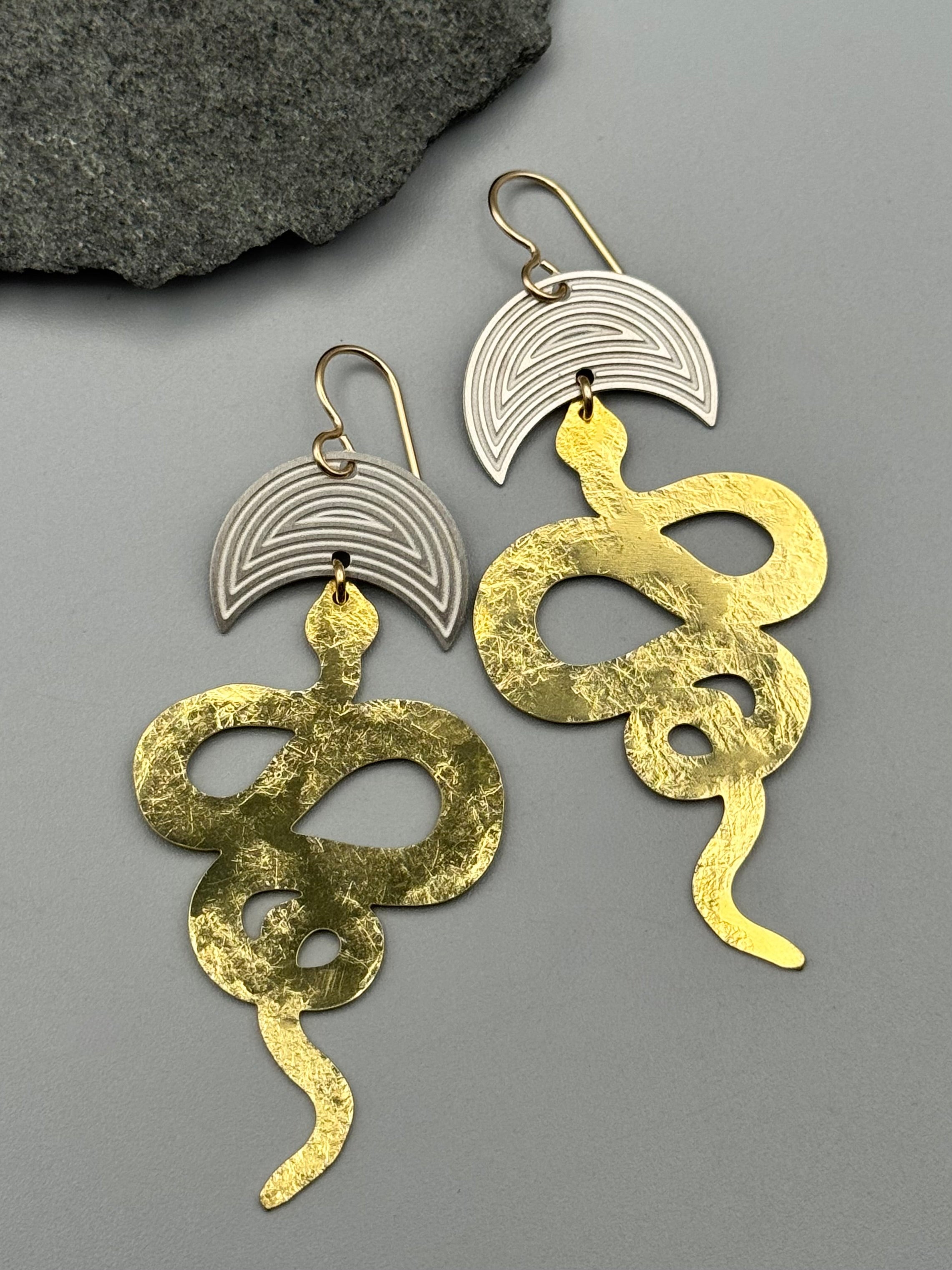 •NĀGA MOON• mixed metal dangle earrings