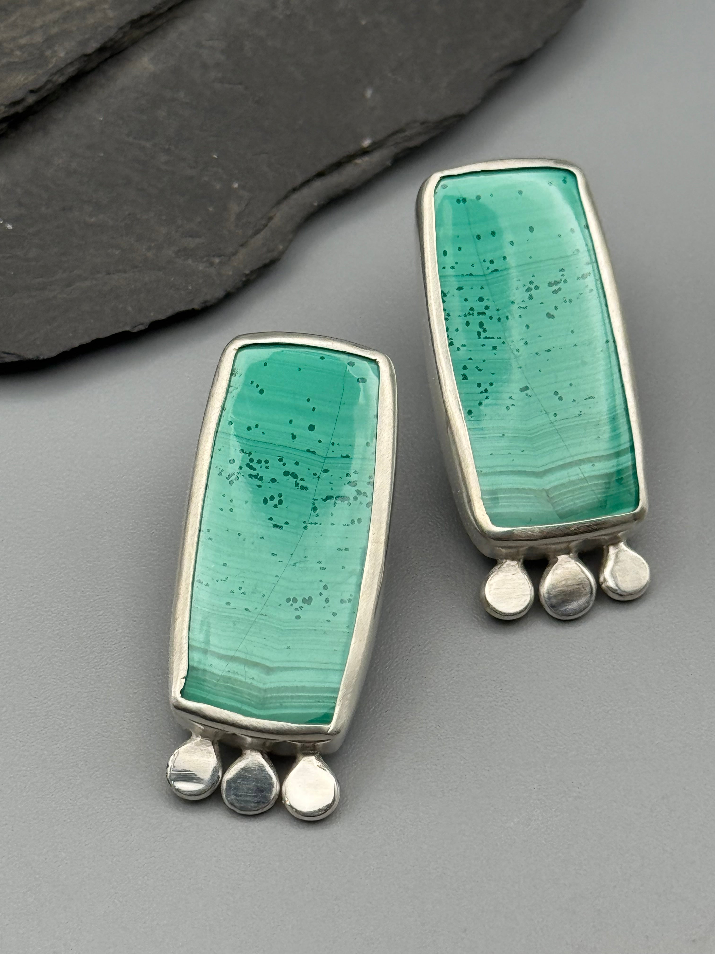 •POLLINATOR• malachite rectangle + silver post earrings
