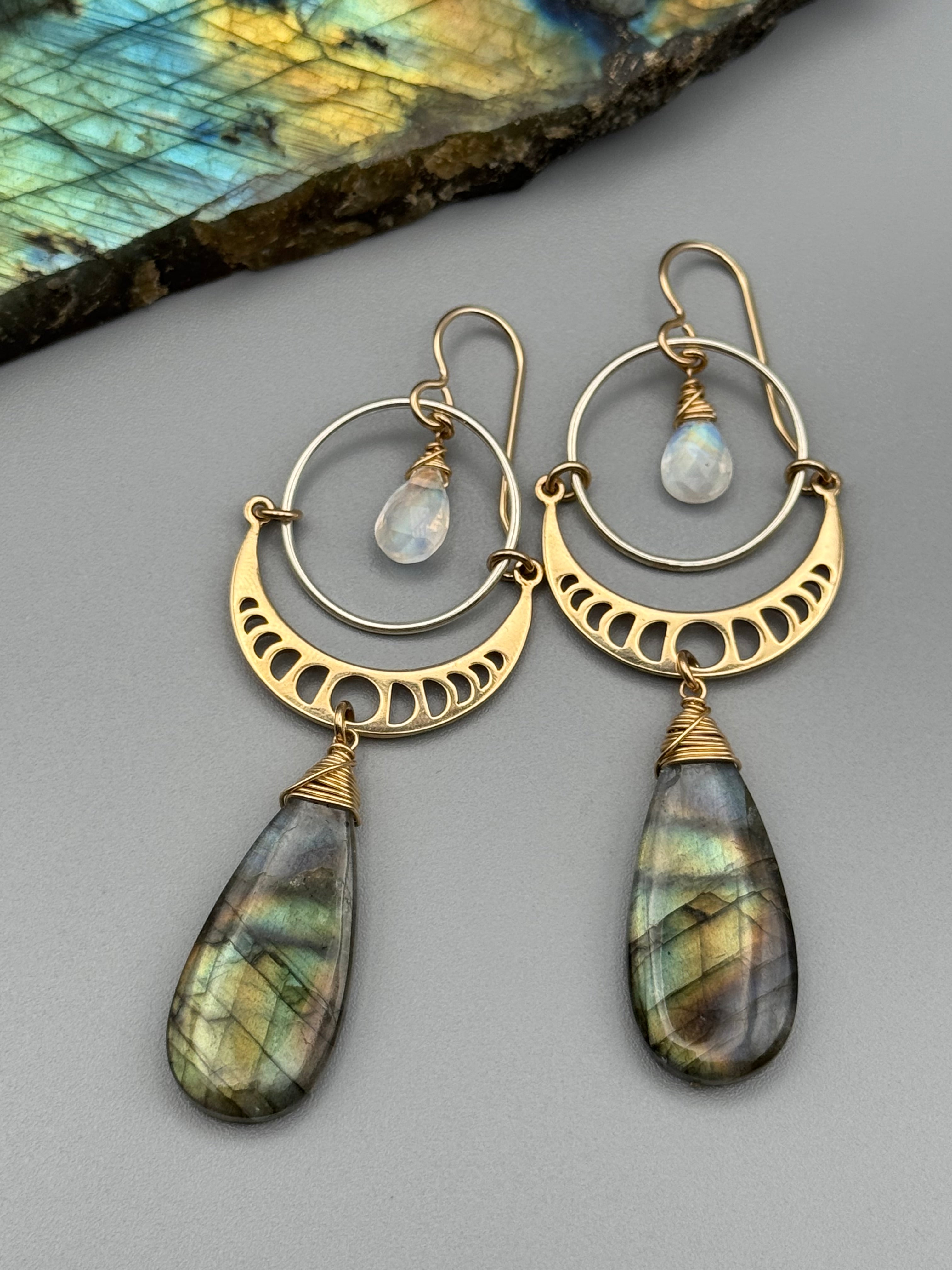 •MOON SHADOWS• rainbow moonstone + labradorite mixed metal earrings