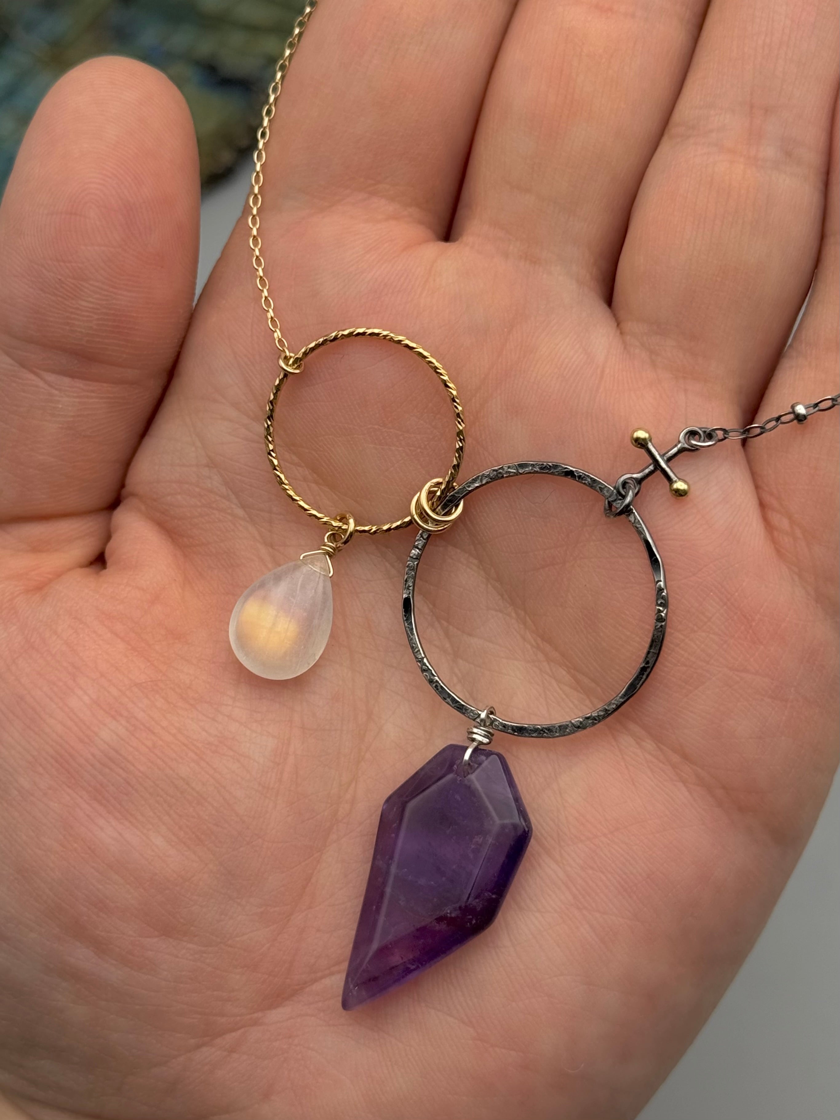 •UNION• rainbow moonstone + amethyst mixed metal necklace (16"-18" long)
