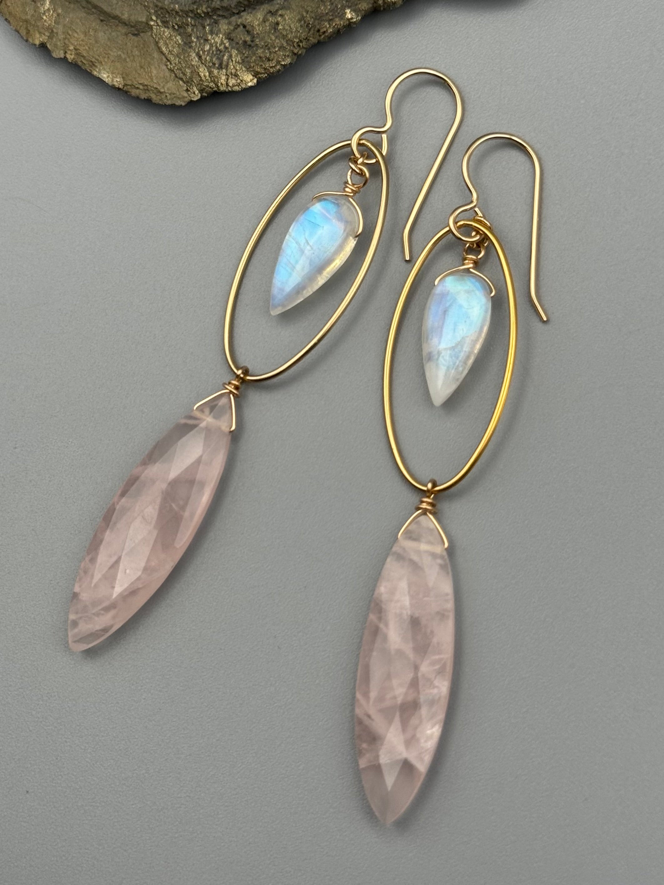 •LUNA• rainbow moonstone + rose quartz gold earrings