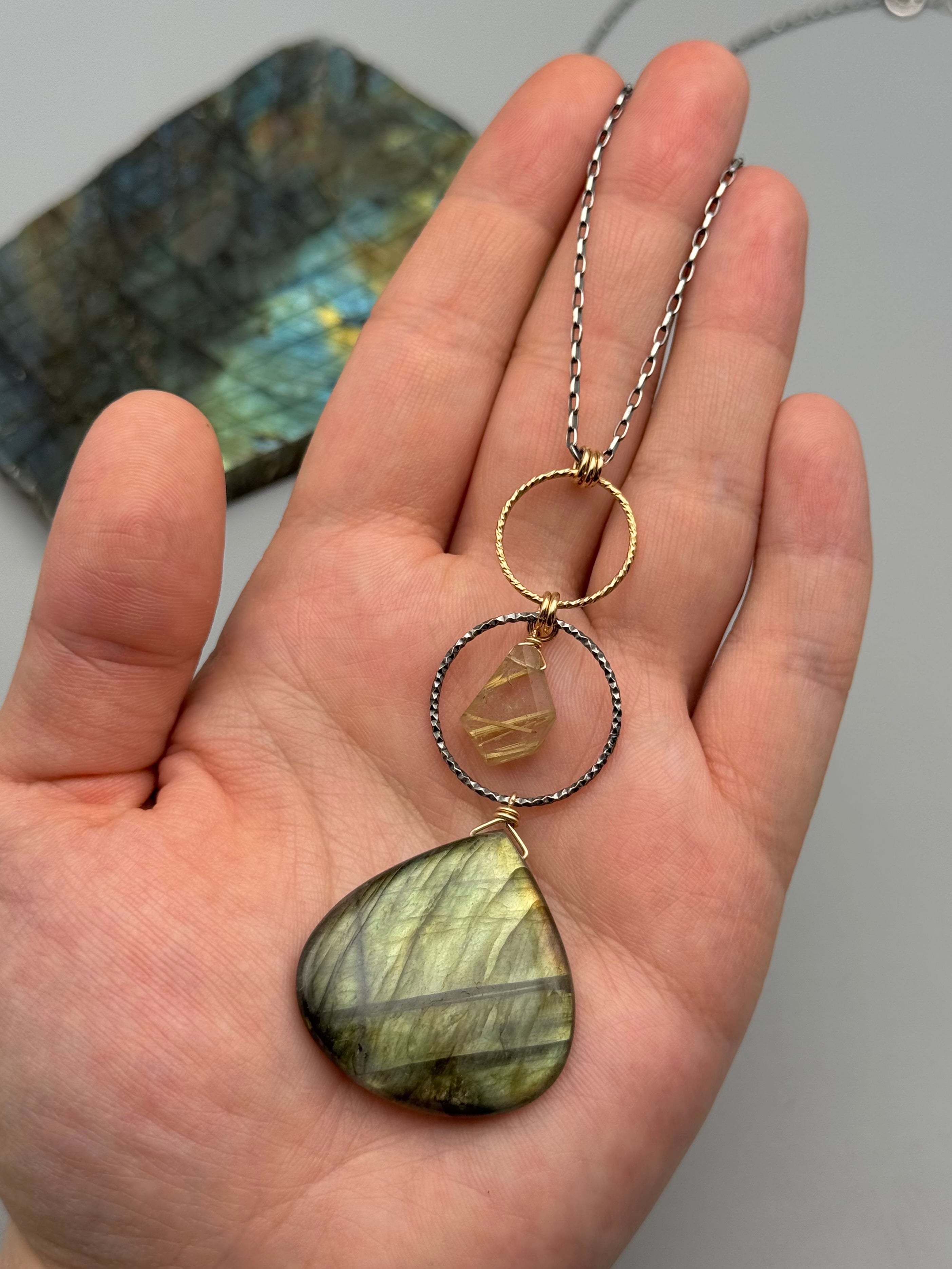 •NYX• rutilated quartz + labradorite mixed metal necklace (26"-28" long)