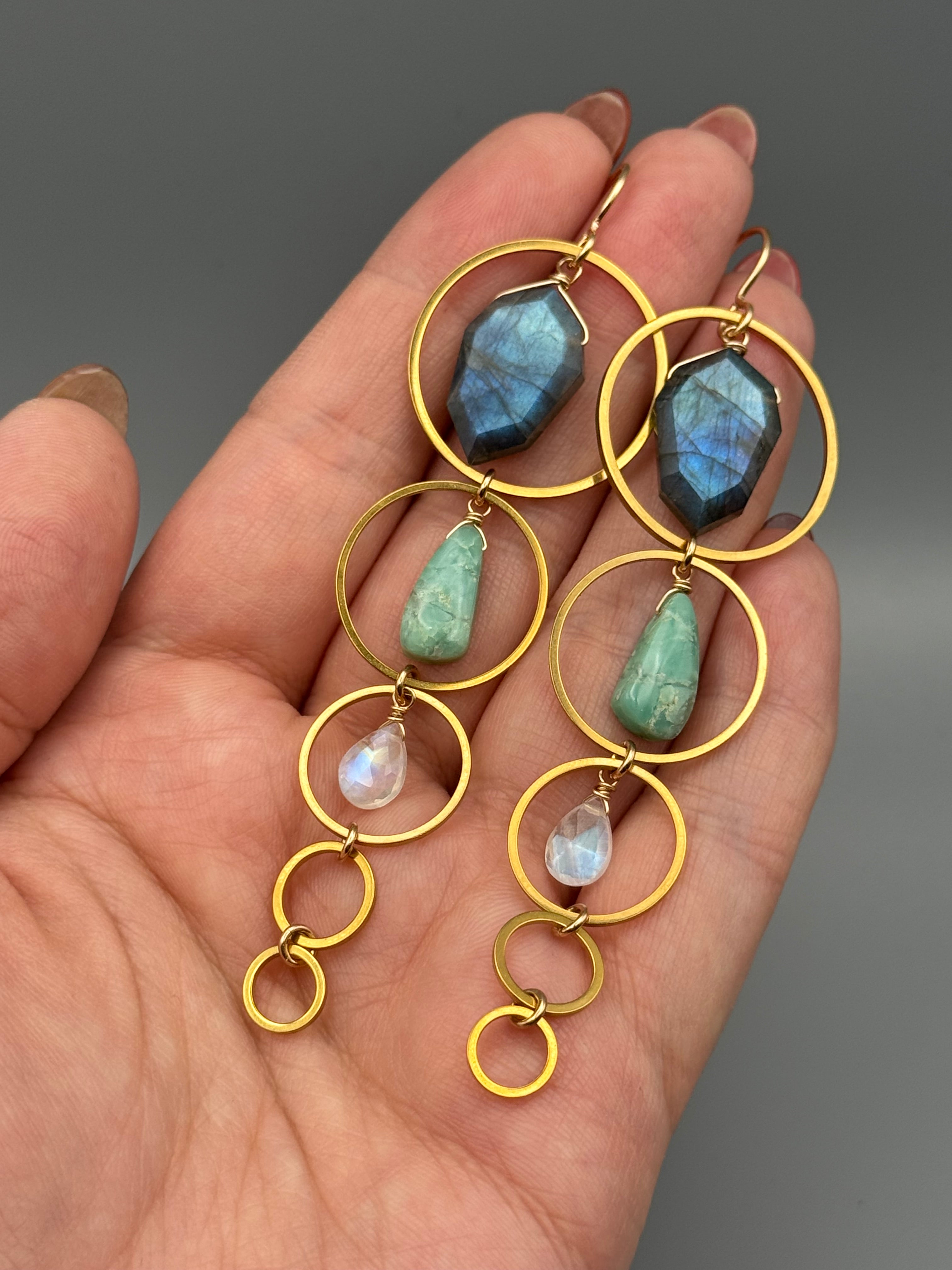 •10 OF CUPS• labradorite + chrysoprase + rainbow moonstone gold earrings