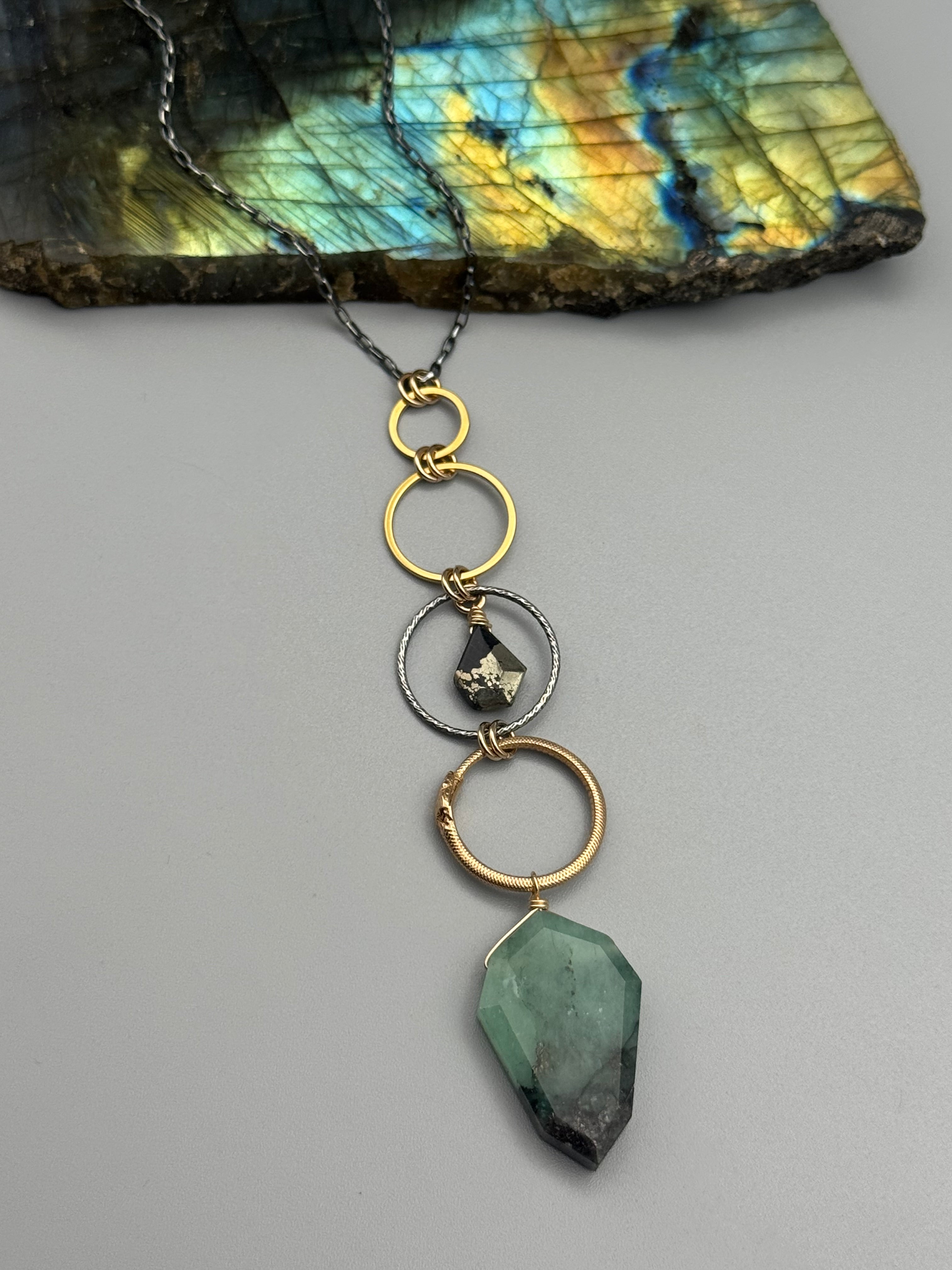 •NĀGA• pyrite + emerald mixed metal necklace (26"-28" long)