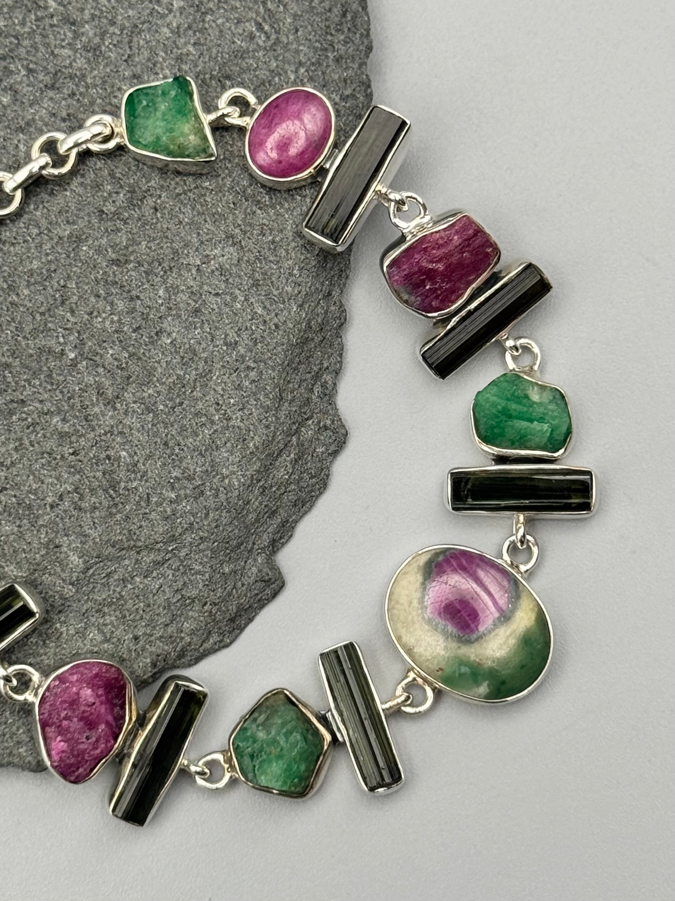 •RUBY FUCHSITE - MULTI-STONE• linked silver bracelet (7.5" - 9")
