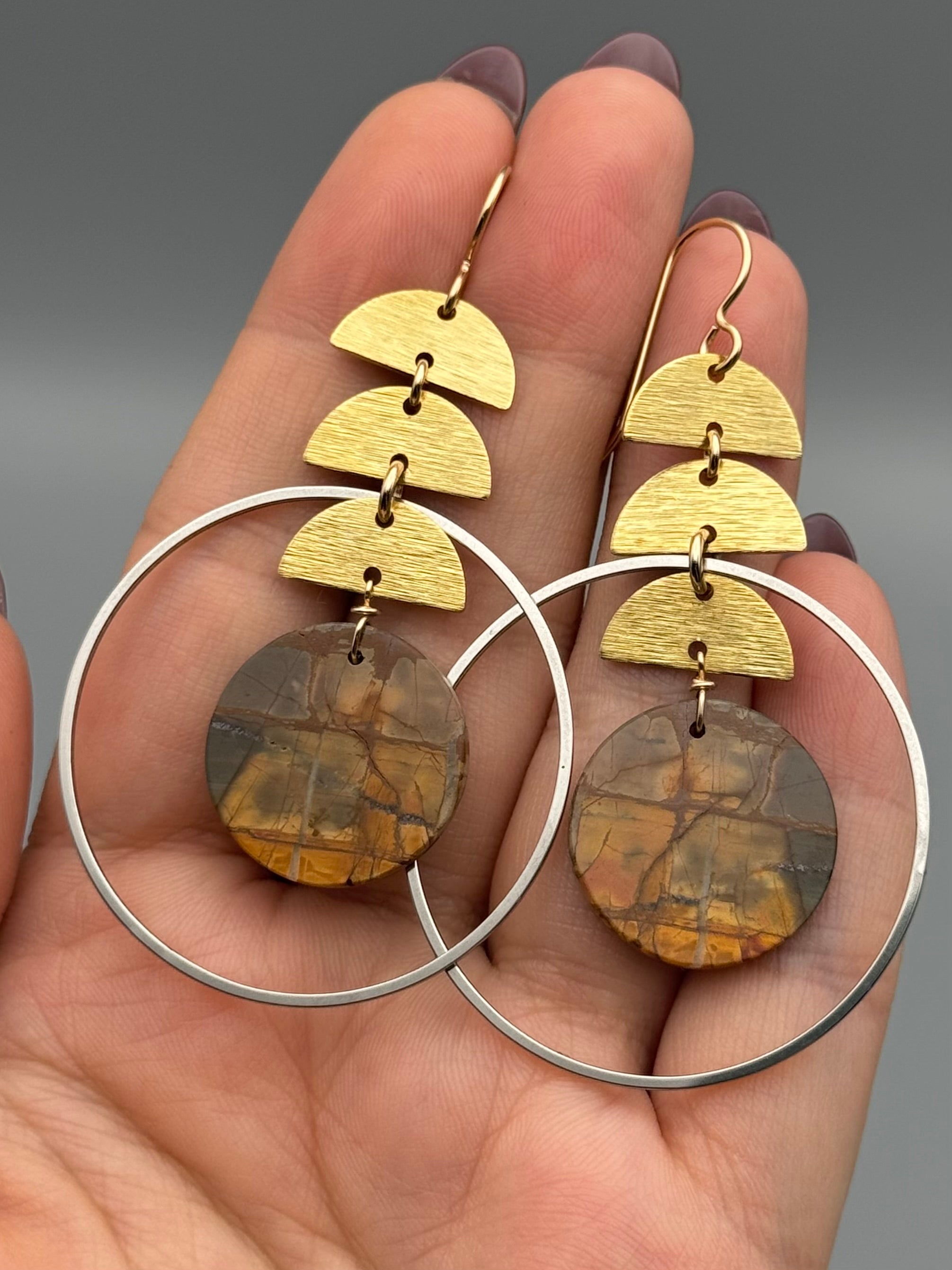 •MOON STACK HOOP• red creek jasper + mixed metal earrings
