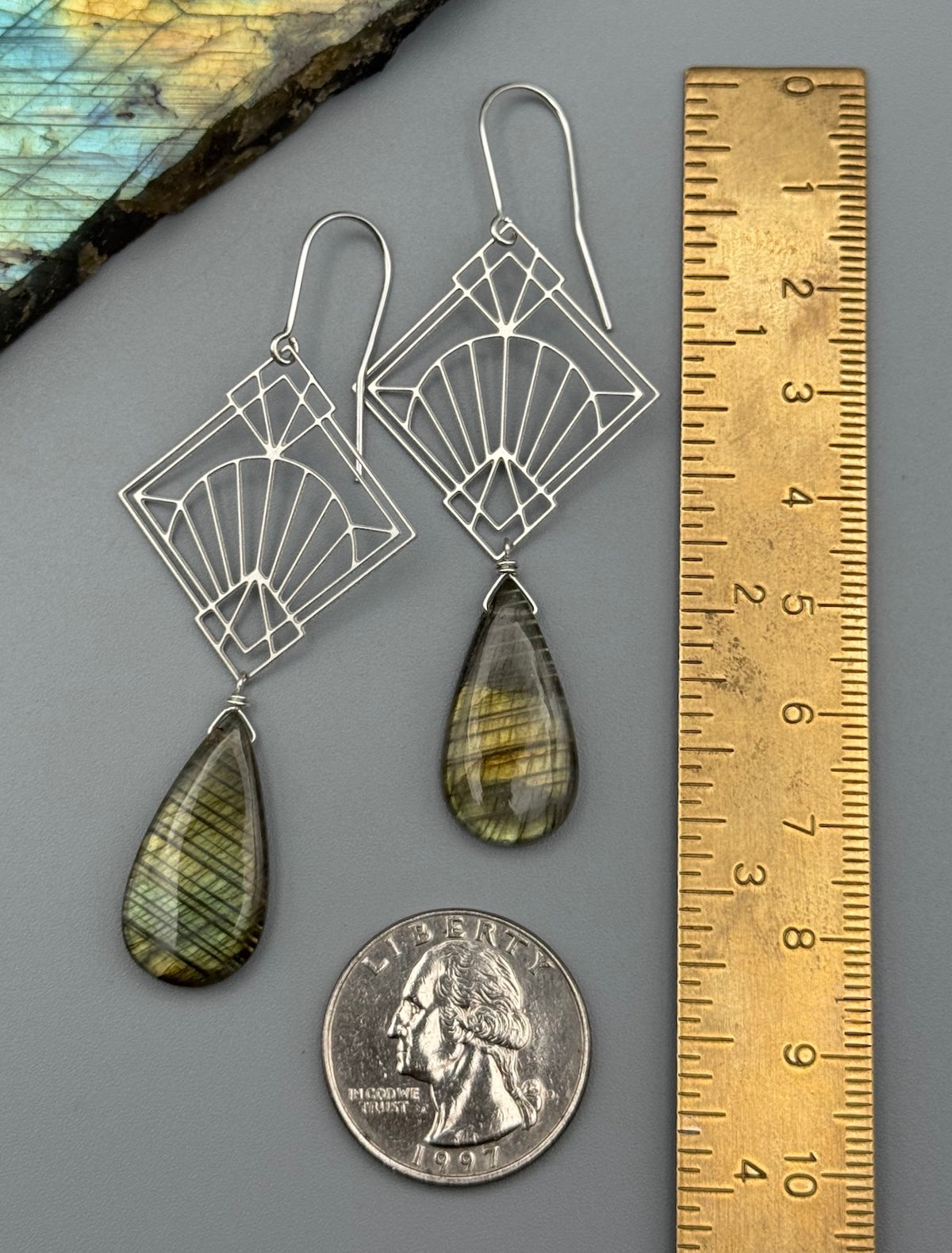 •DECO DIAMOND• golden labradorite tear + silver earrings