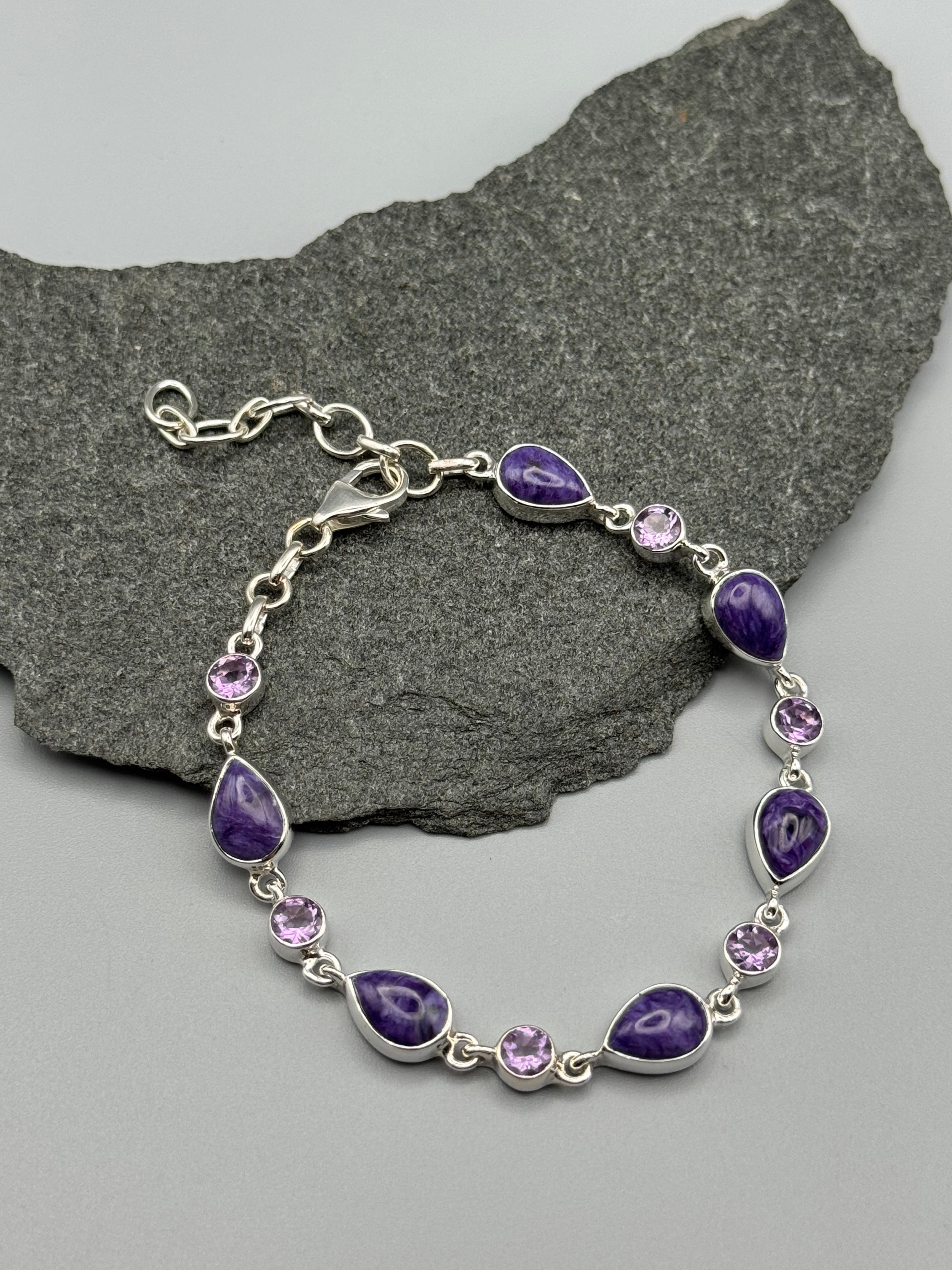 •CHAROITE + AMETHYST• linked silver bracelet (7.5" - 9")