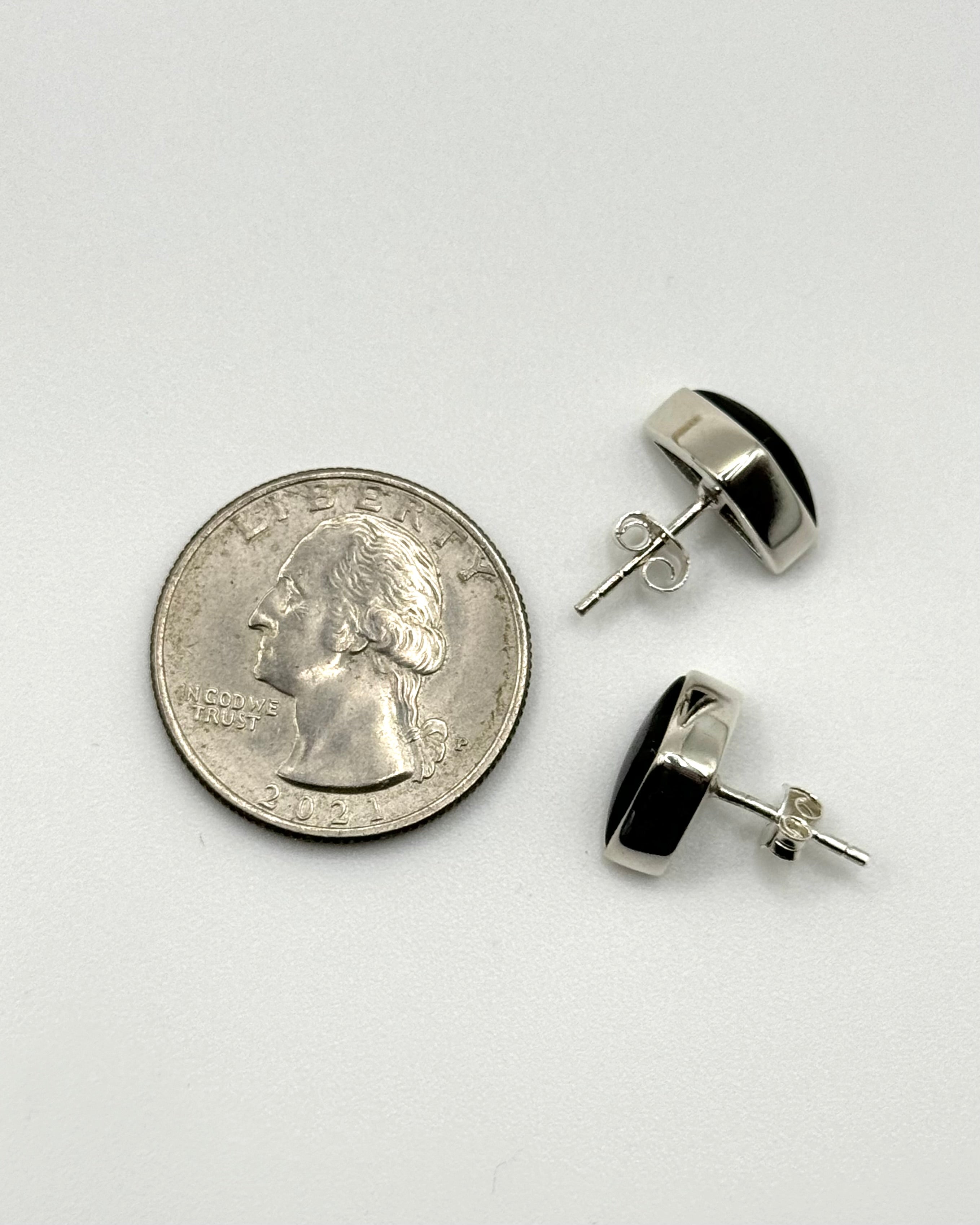 •BLACK TOURMALINE - SOFT TRIANGLE• silver bezel set stud earrings