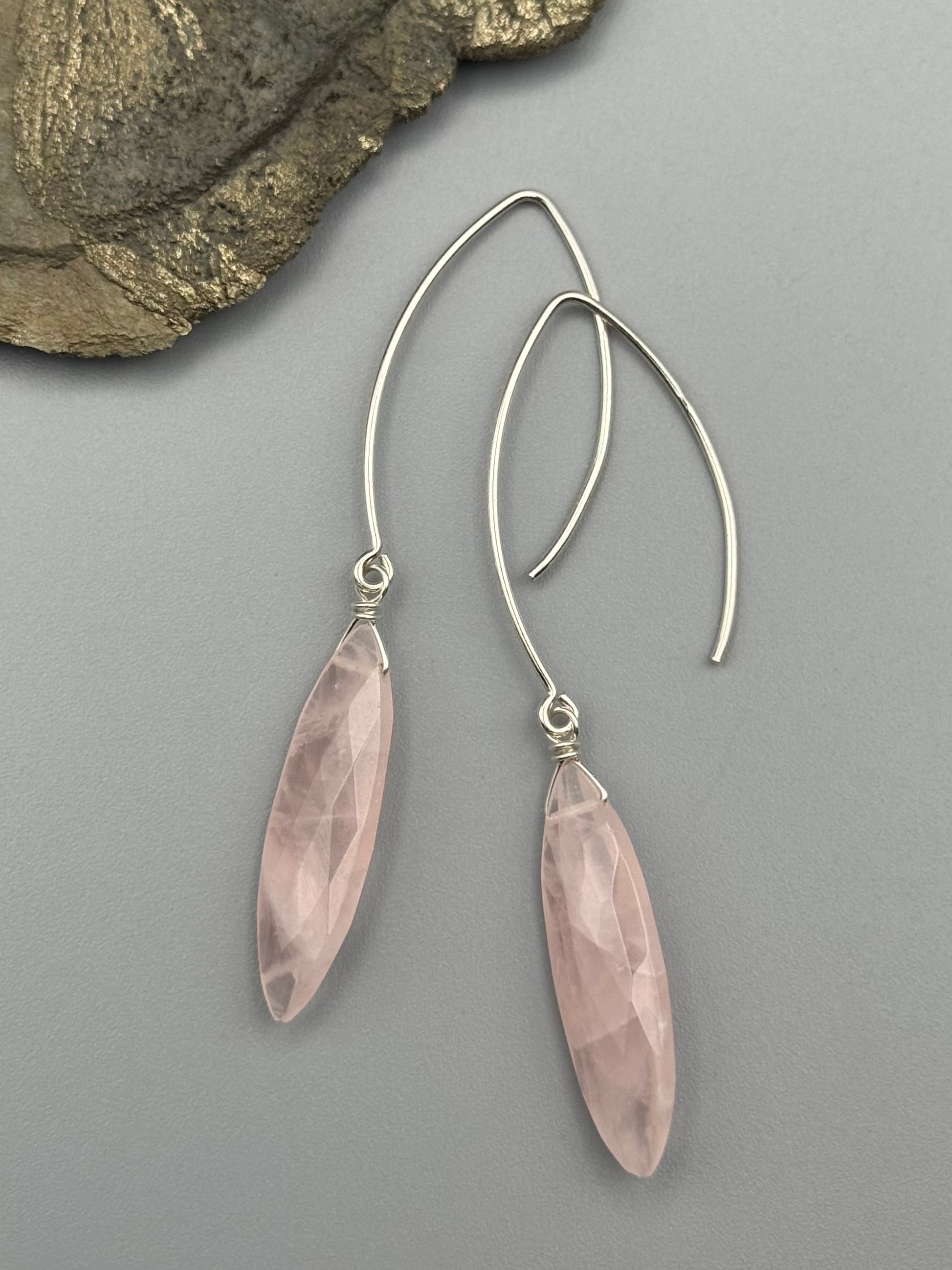 •STRAY• rose quartz marquise + silver earrings