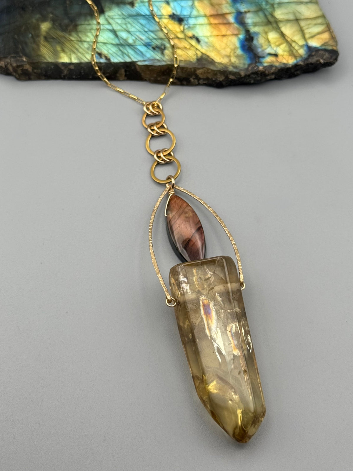 •AEON• labradorite + brazilian quartz gold necklace (26"-28" long)