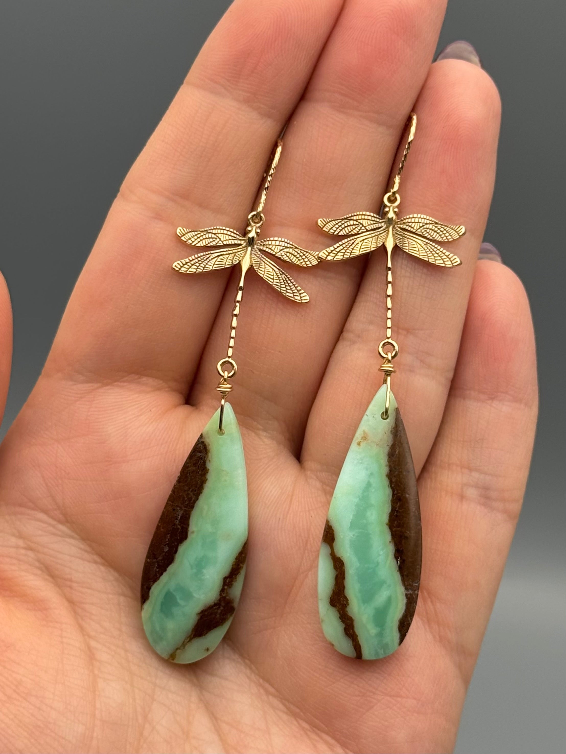•ODONATA• chrysoprase tear + gold earrings
