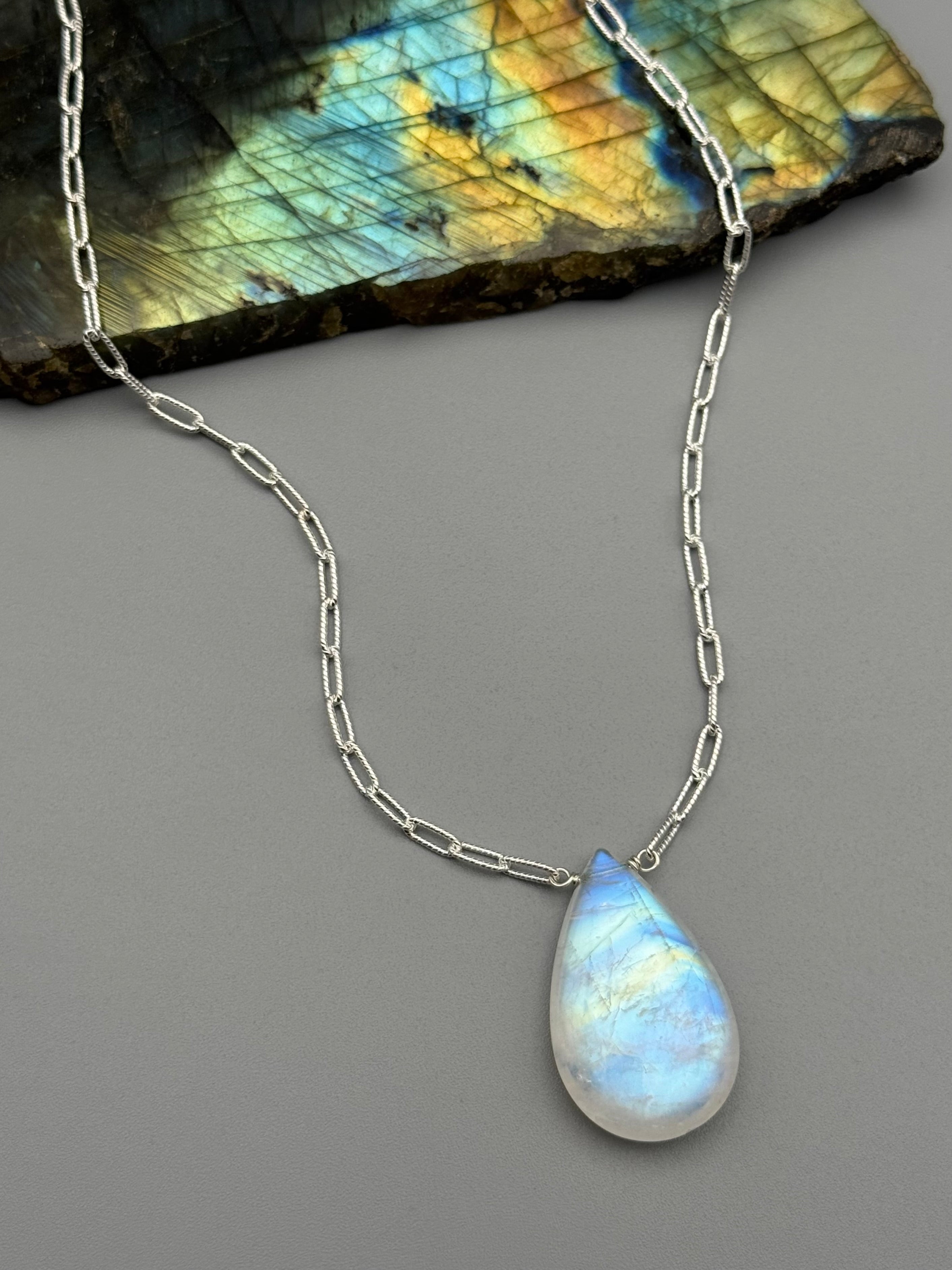 •AEON• rainbow moonstone + silver necklace (18"-20" long)
