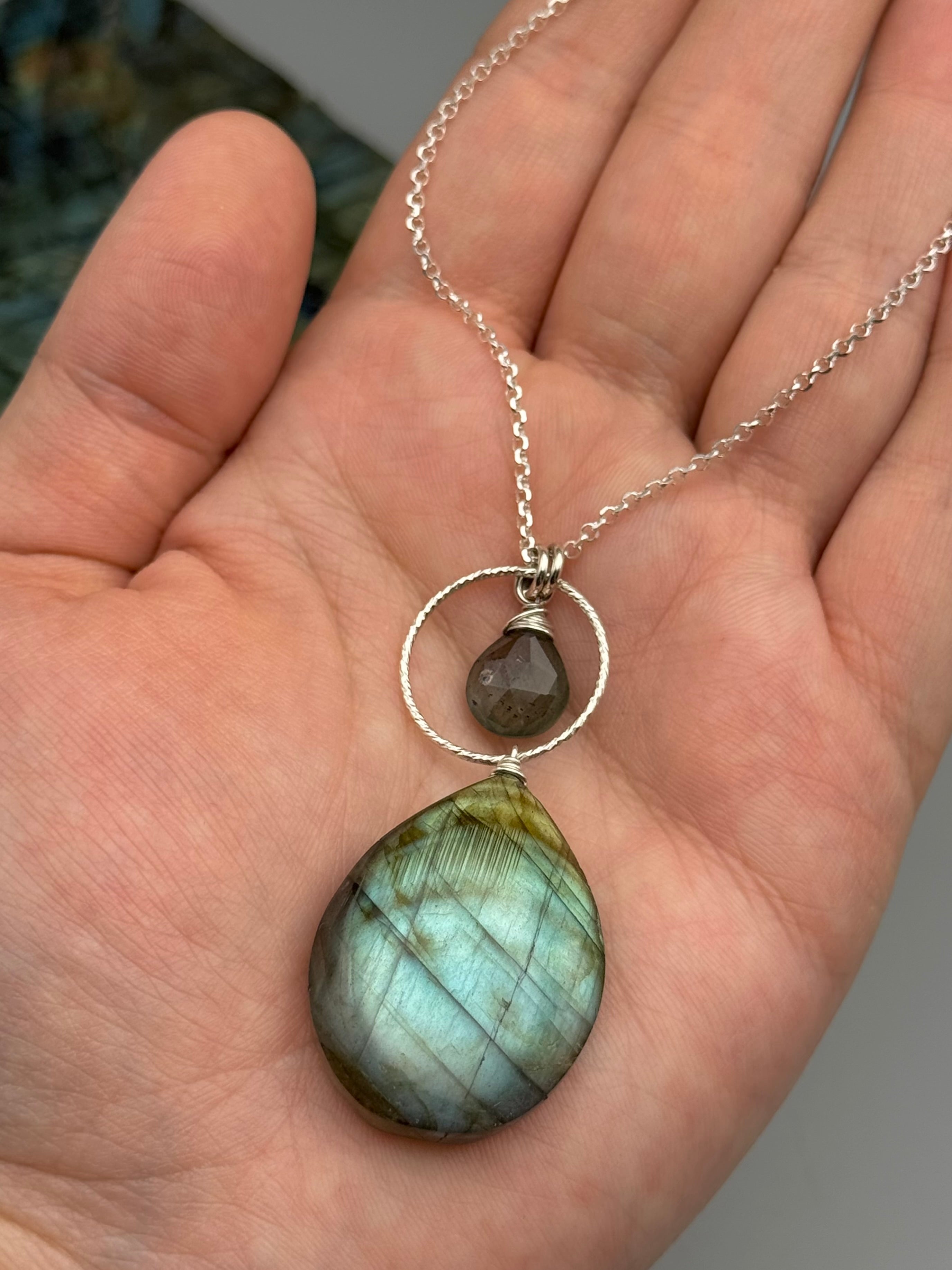 •LUNA• moss aquamarine + labradorite silver necklace (18"-20" long)