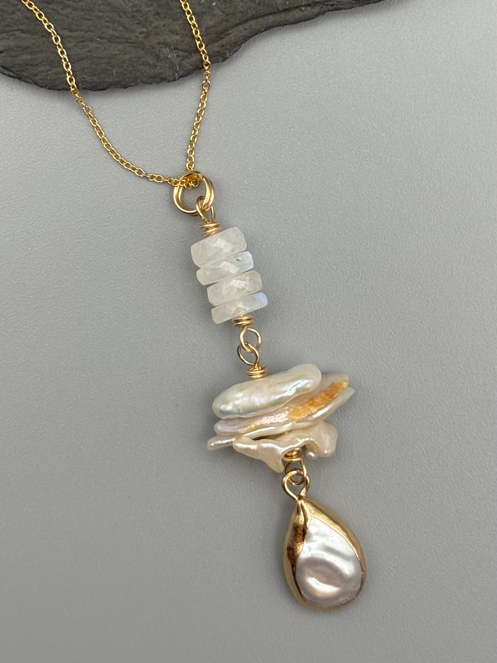 •BEACH STACK• pearl + moonstone gold Y-necklace (18" long)