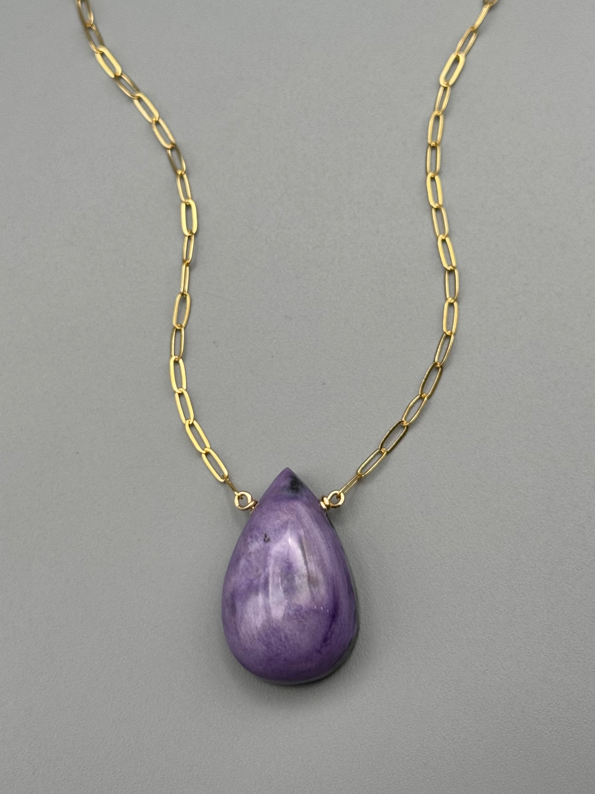 •AEON• charoite tear + gold necklace (16"-18" long)