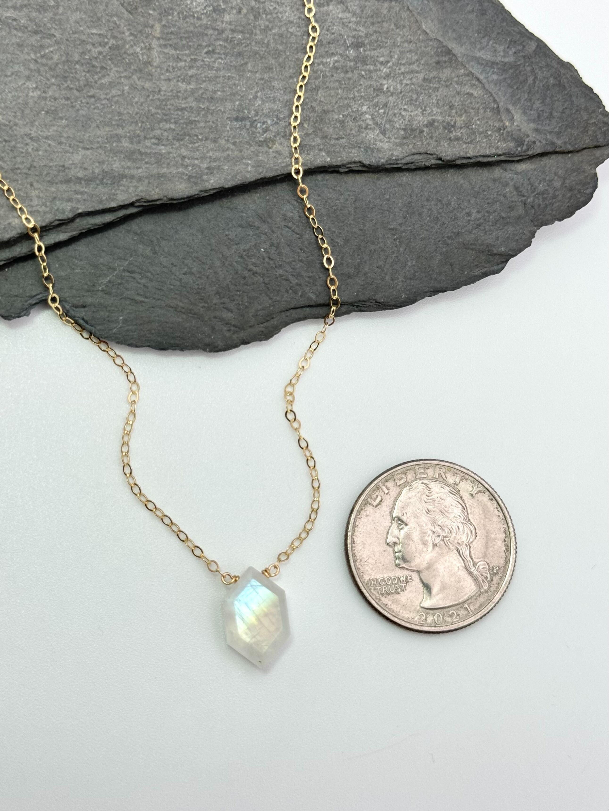 •STRAY• faceted rainbow moonstone lil' hex + gold necklace (various lengths)