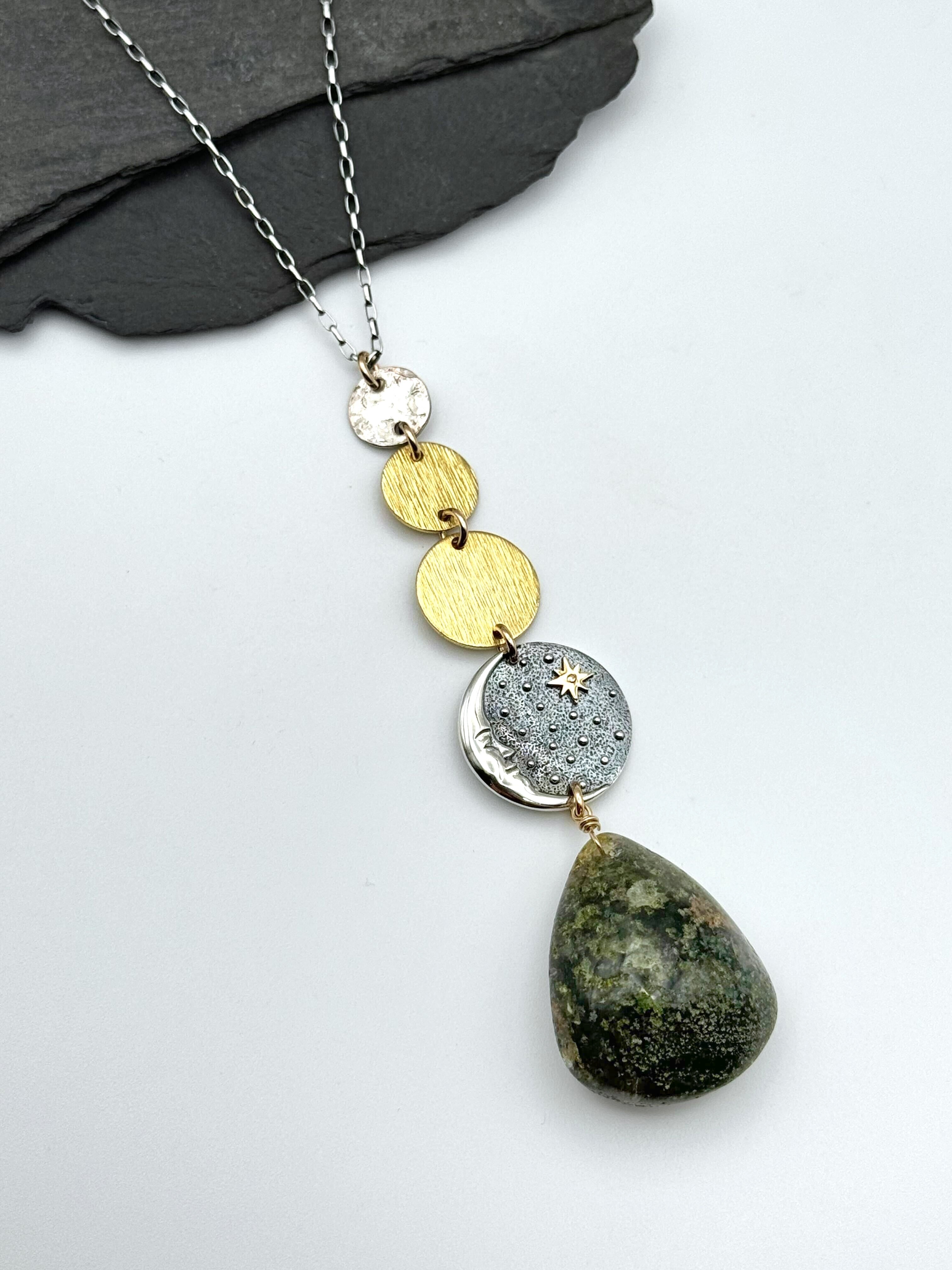•NYX• lodolite + moon + mixed metal necklace (26"-28" long)