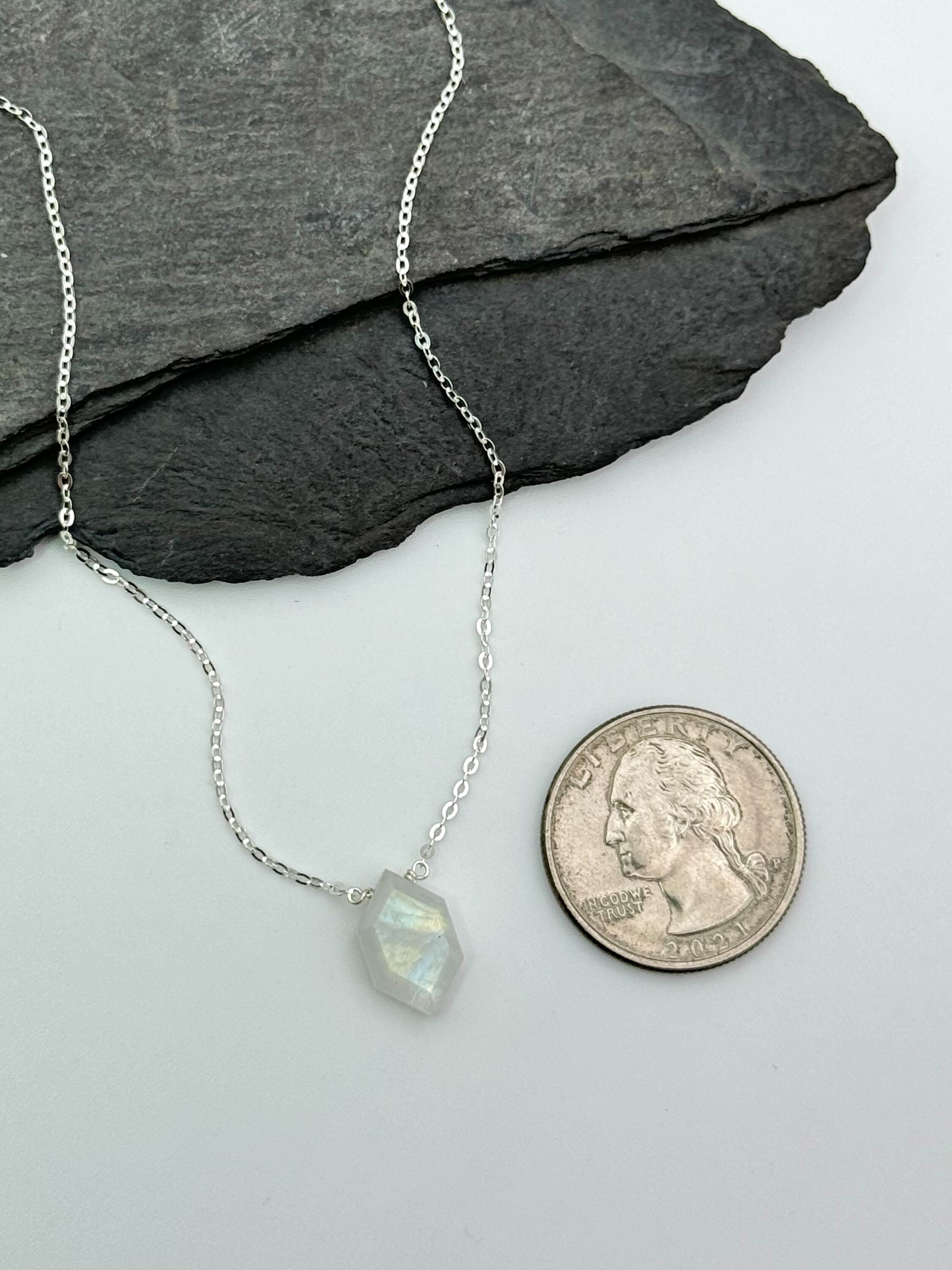 •STRAY• faceted rainbow moonstone lil' hex + silver necklace (various lengths)