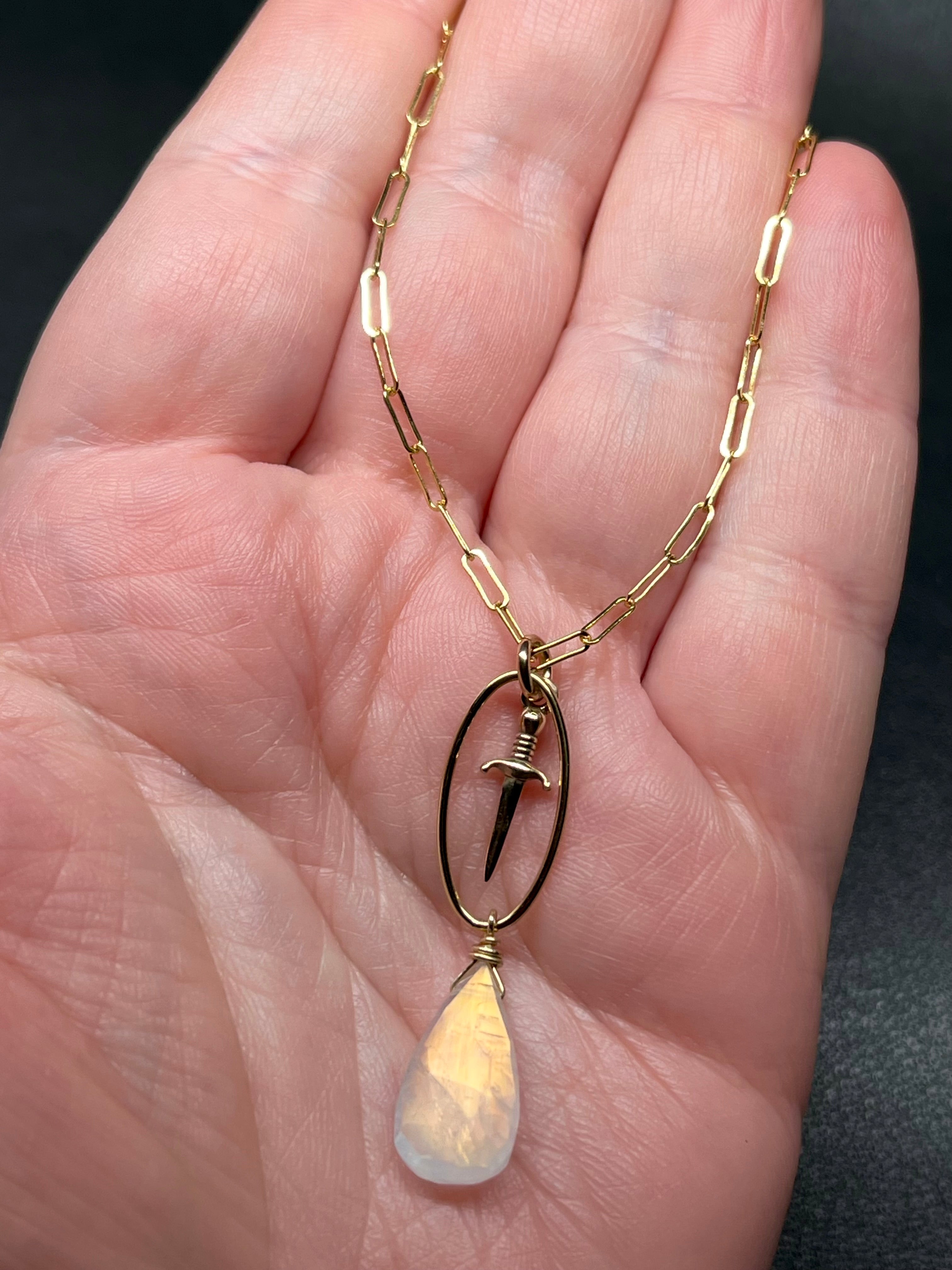 •NYX• rainbow moonstone + dagger + mixed metal necklace (16"-18")