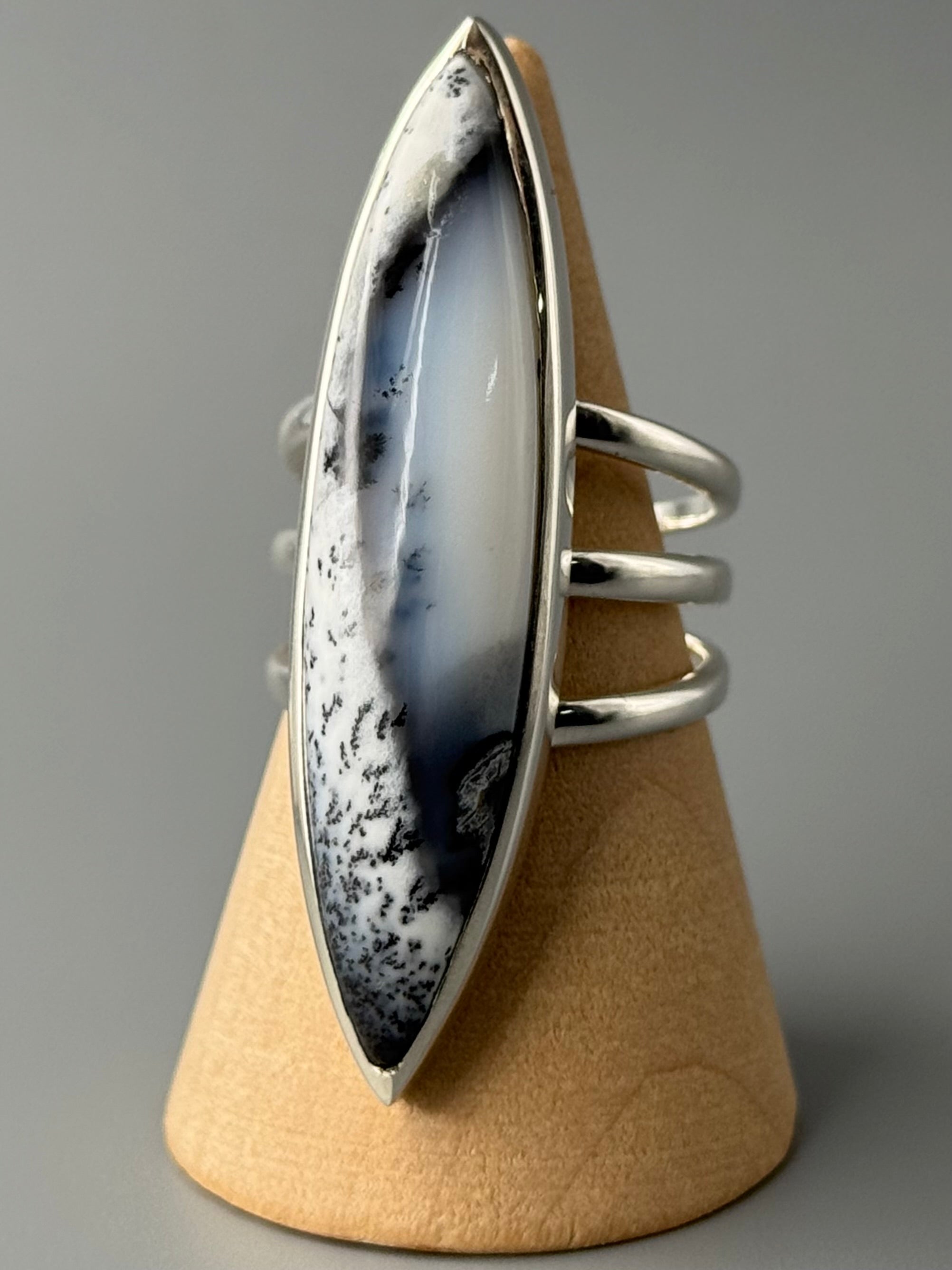 •DENDRITIC OPAL - DEEP MARQUISE• split band silver ring (size 9)