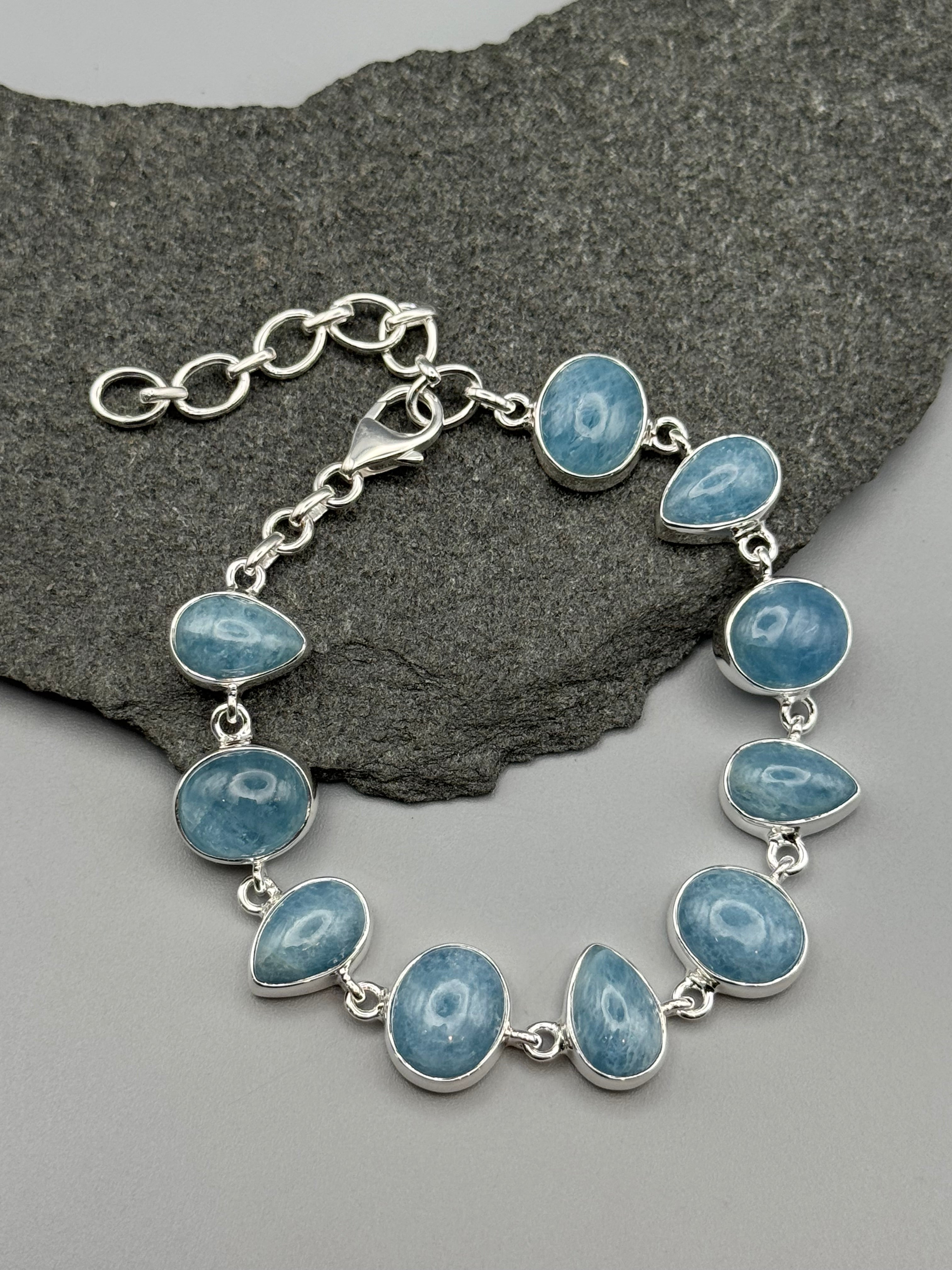 •AQUAMARINE - GEO MIX• linked silver bracelet (7" - 9")