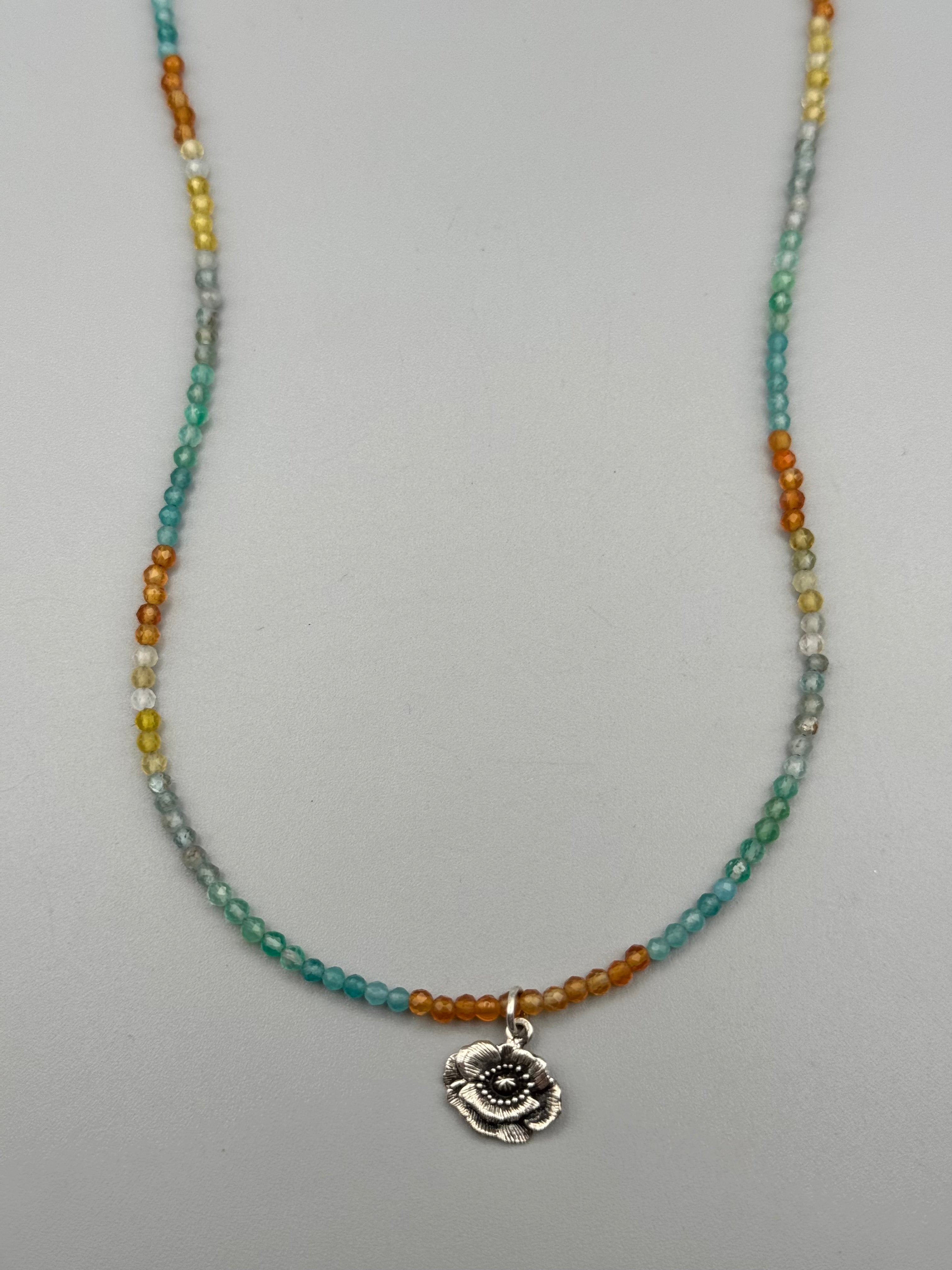 •AGATE - POPPY• silver beaded necklace (16.5" long)