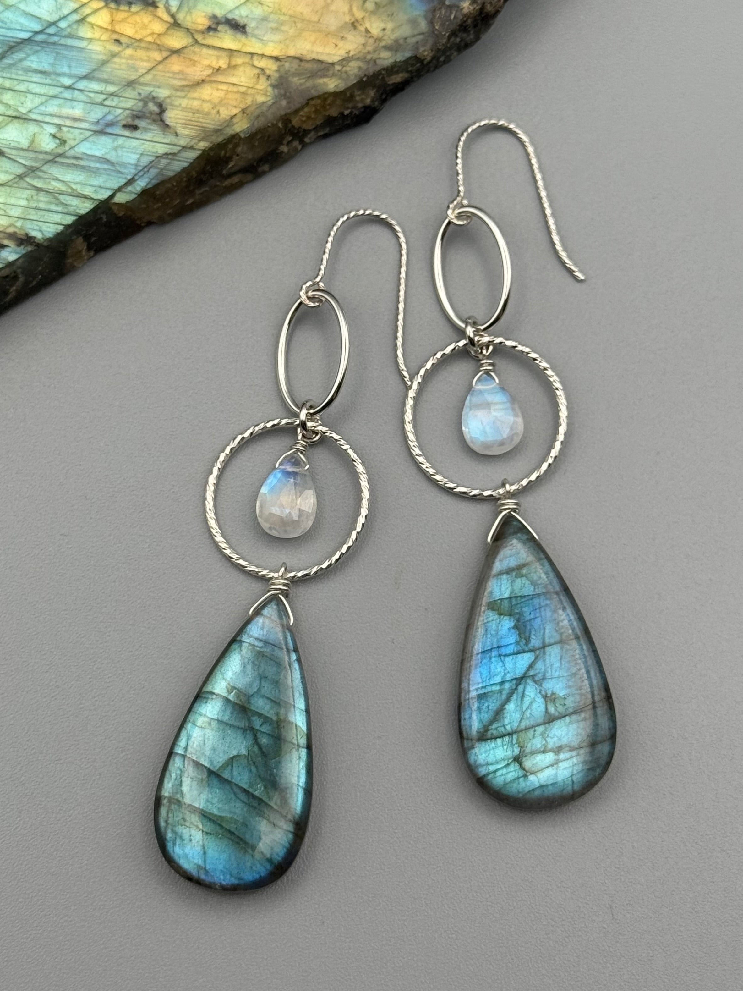 •4 OF CUPS• rainbow moonstone + labradorite silver earrings