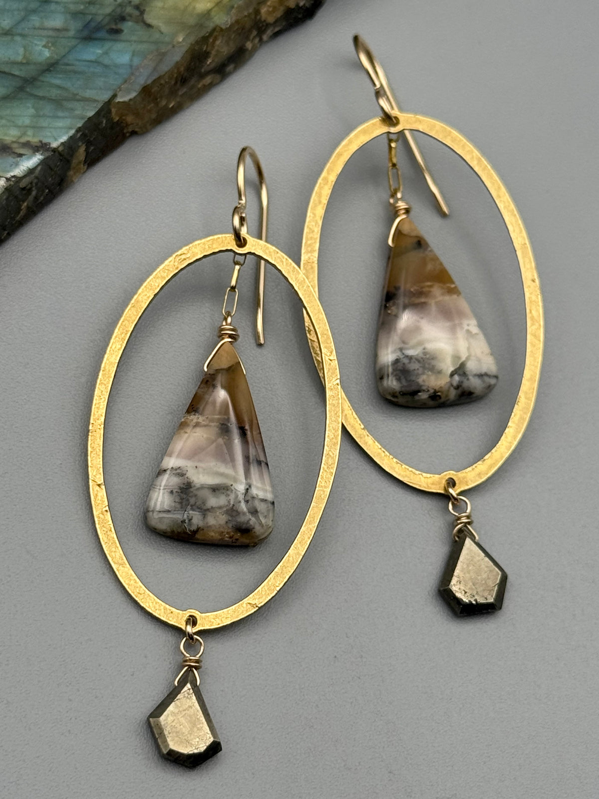 •LUNA• dendritic opal + pyrite gold earrings