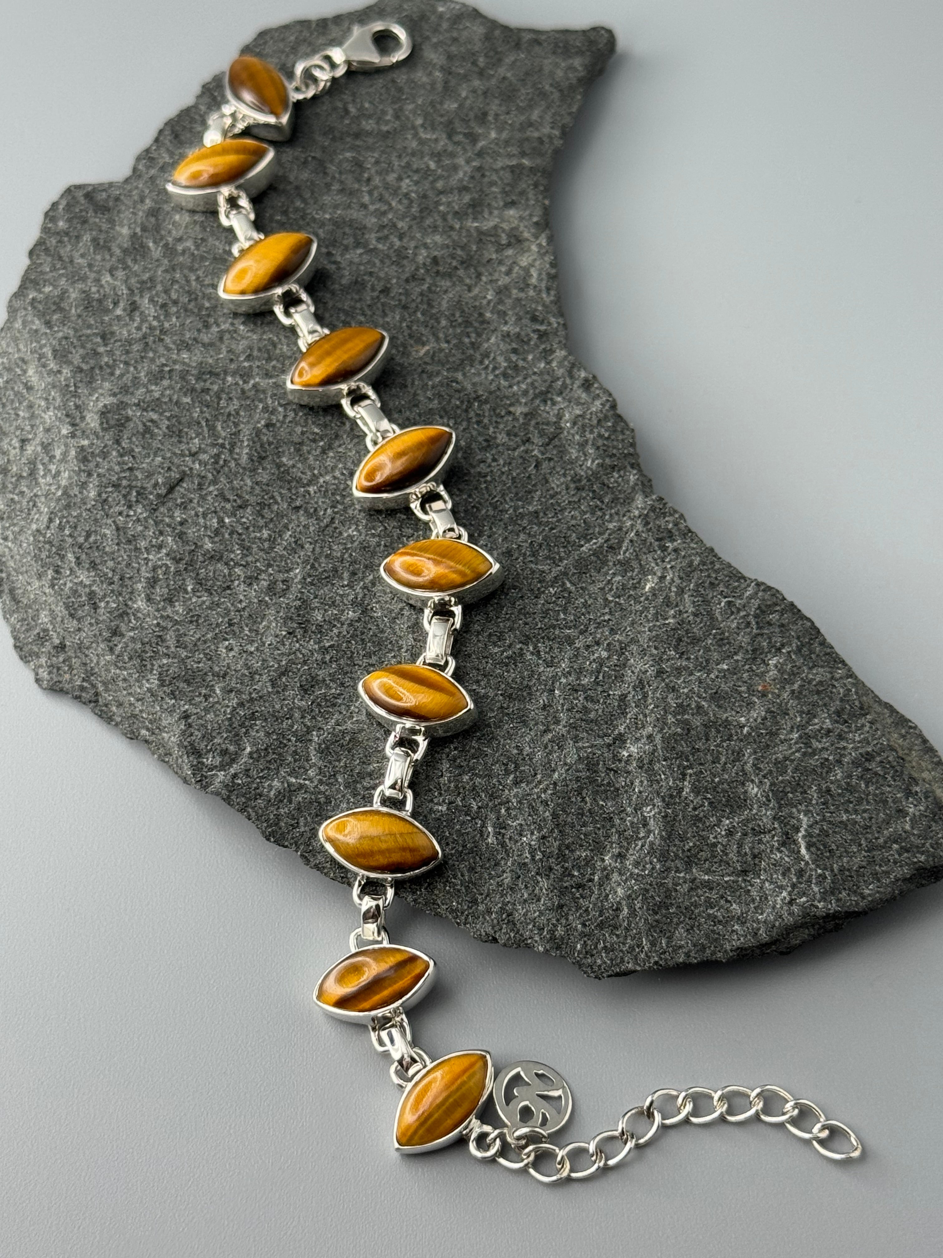 •TIGER EYE - MARQUISE• linked silver bracelet (7" - 8")