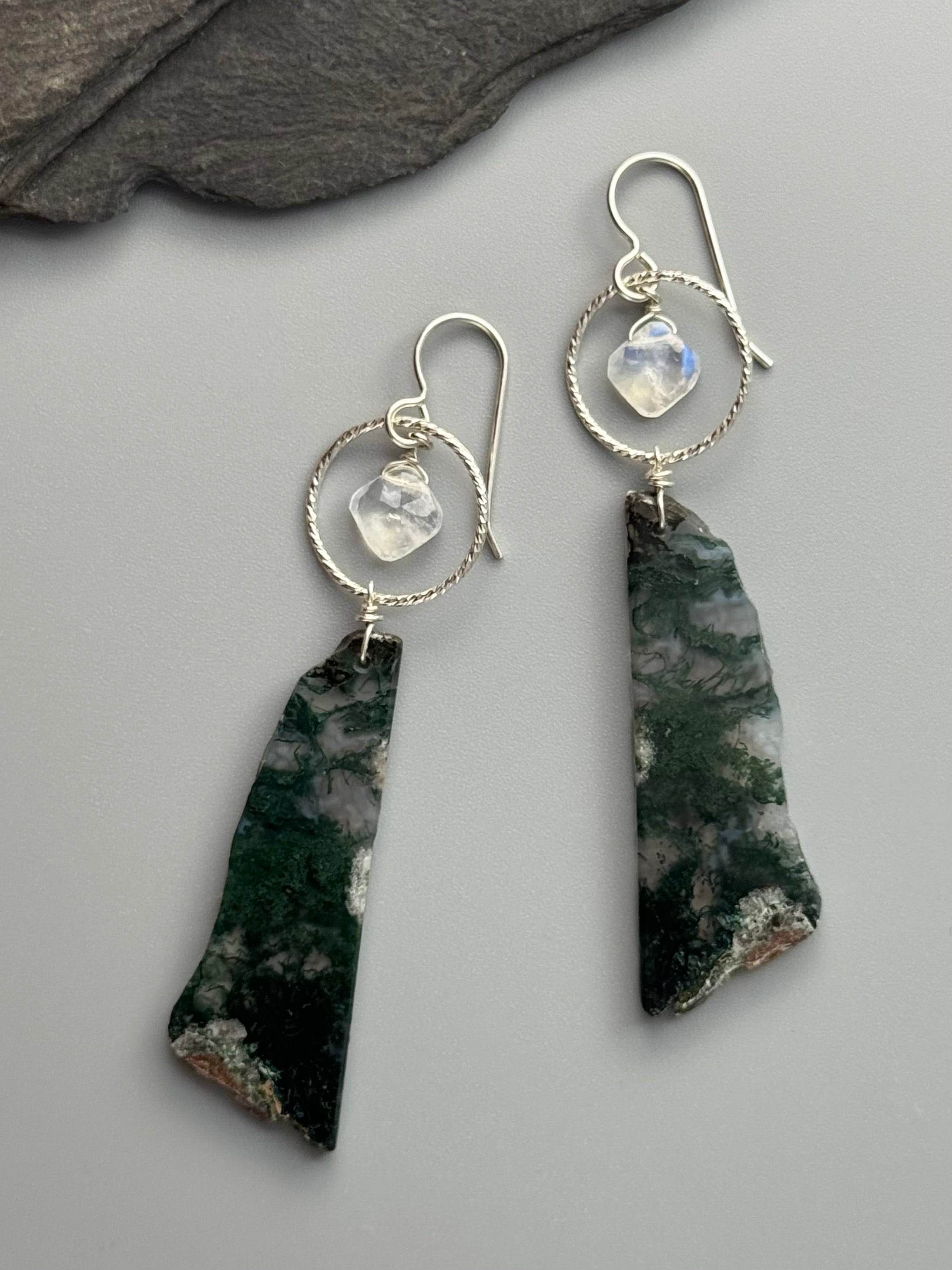 •LUNA• rainbow moonstone + moss agate silver earrings