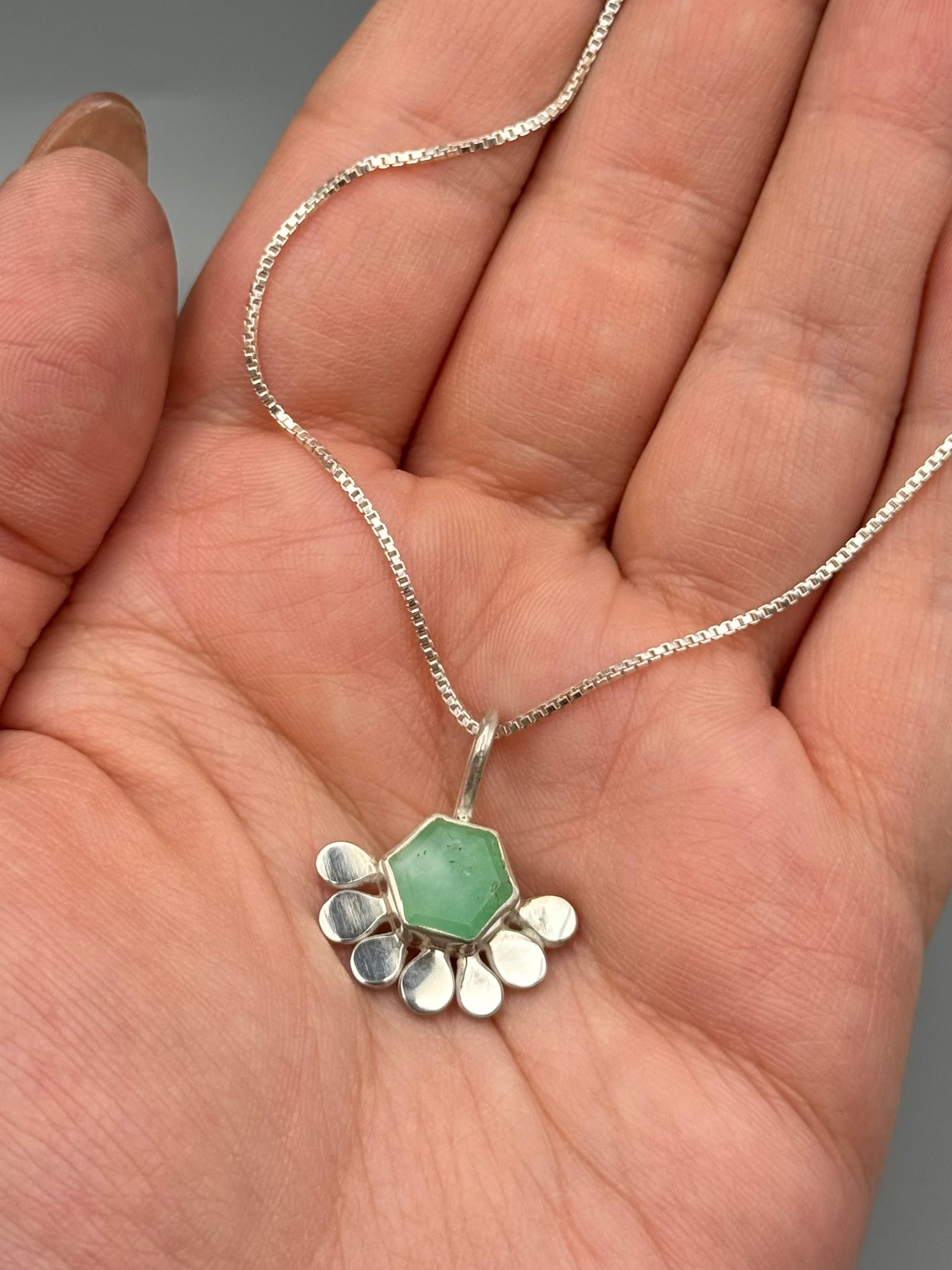 •LIL’ POLLINATOR• chrysoprase hex + silver necklace (16" long)