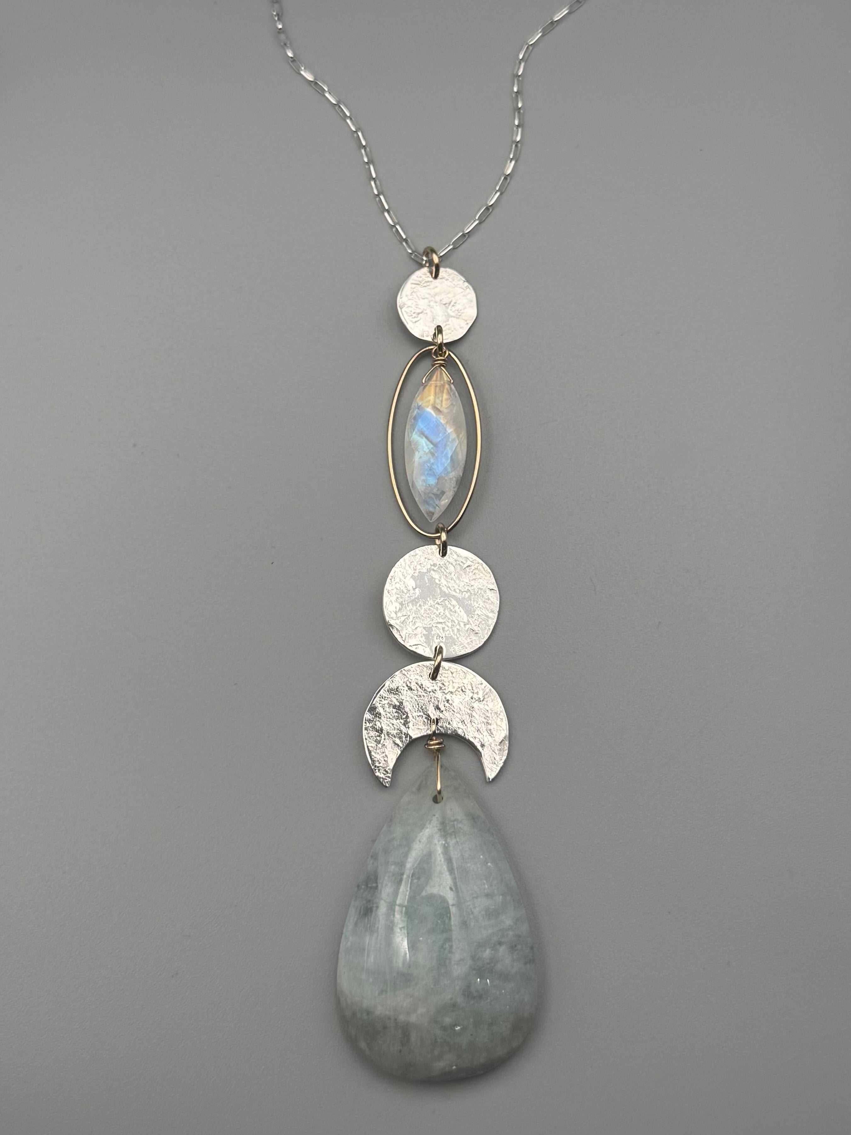 •NYX• rainbow moonstone + aquamarine mixed metal necklace (26"-28" long)