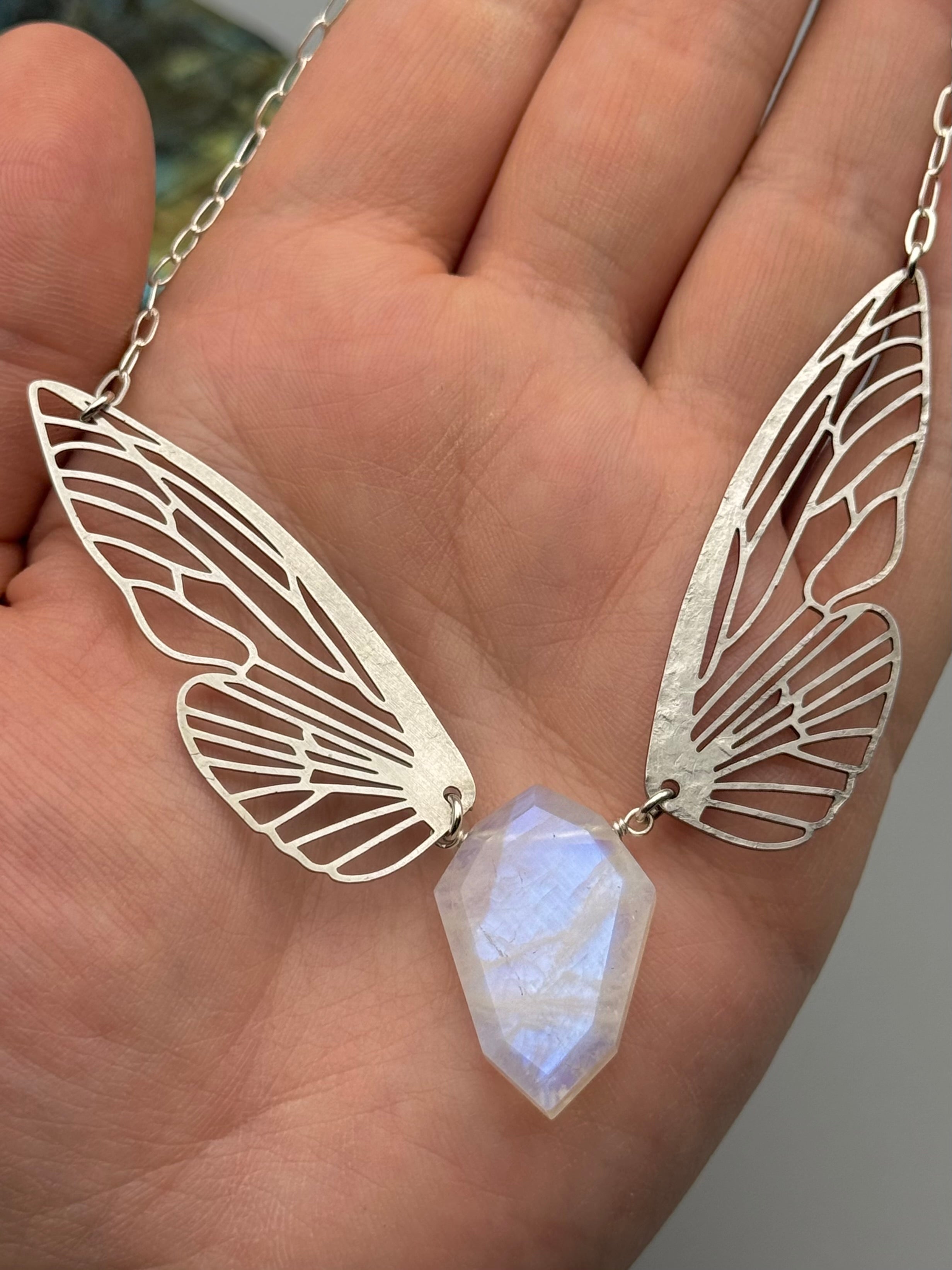 •METAMORPH• rainbow moonstone petal + silver necklace (16"-18" long)