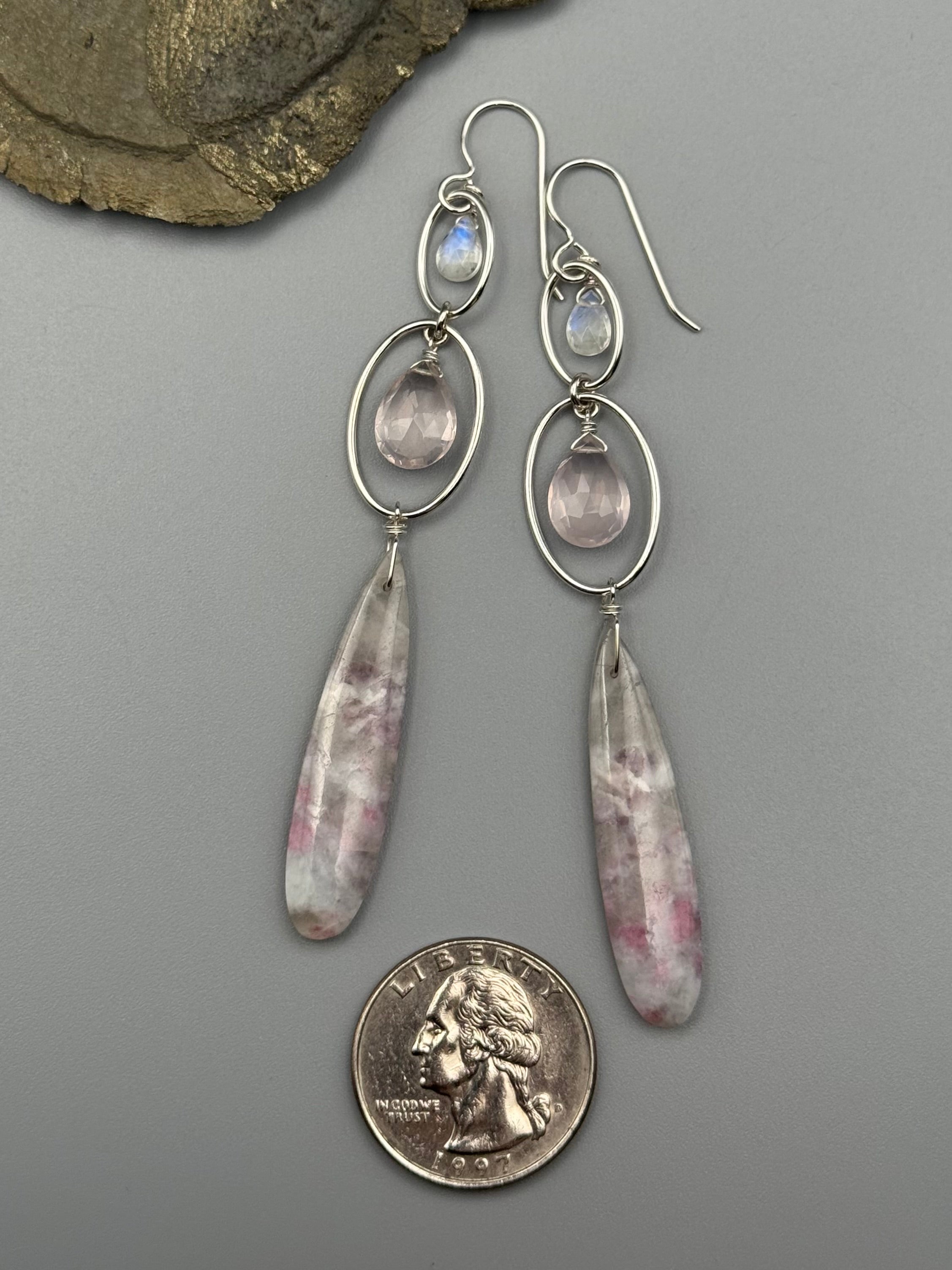 •4 OF CUPS• moonstone, rose quartz, + lepidolite silver earrings