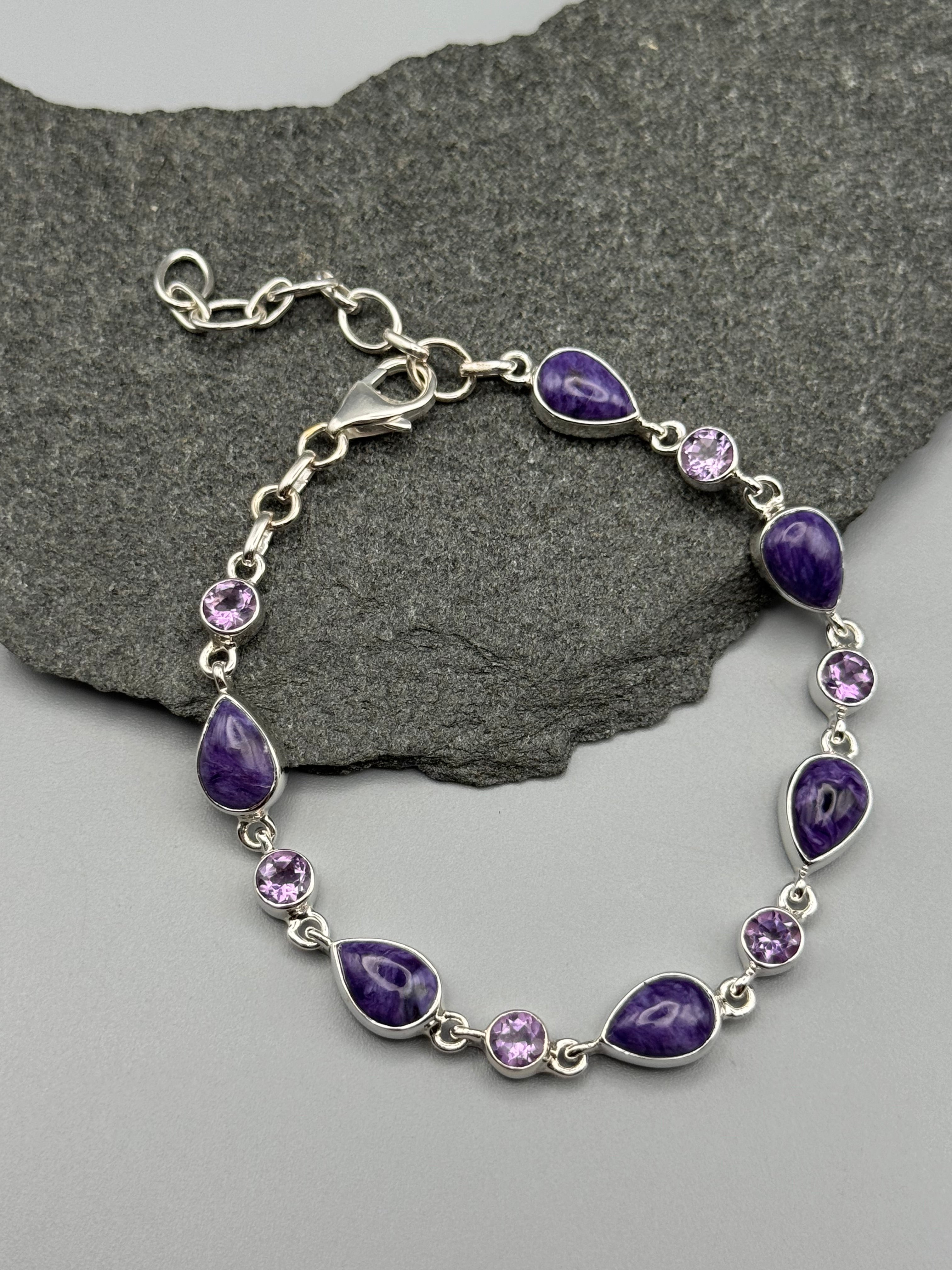•CHAROITE + AMETHYST• linked silver bracelet (7.5" - 9")