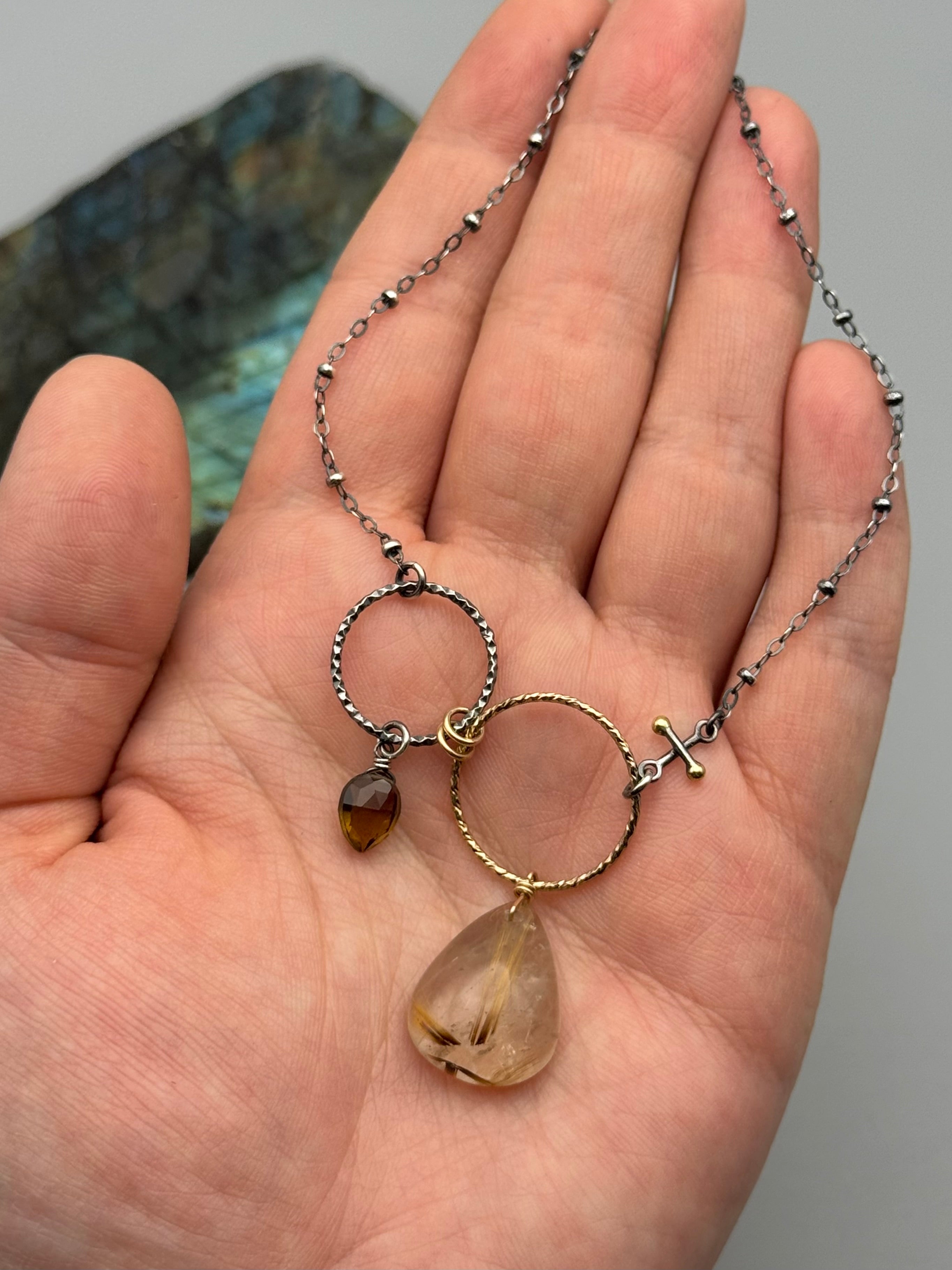 •UNION• honey quartz + rutilated quartz mixed metal necklace (16"-18" long)