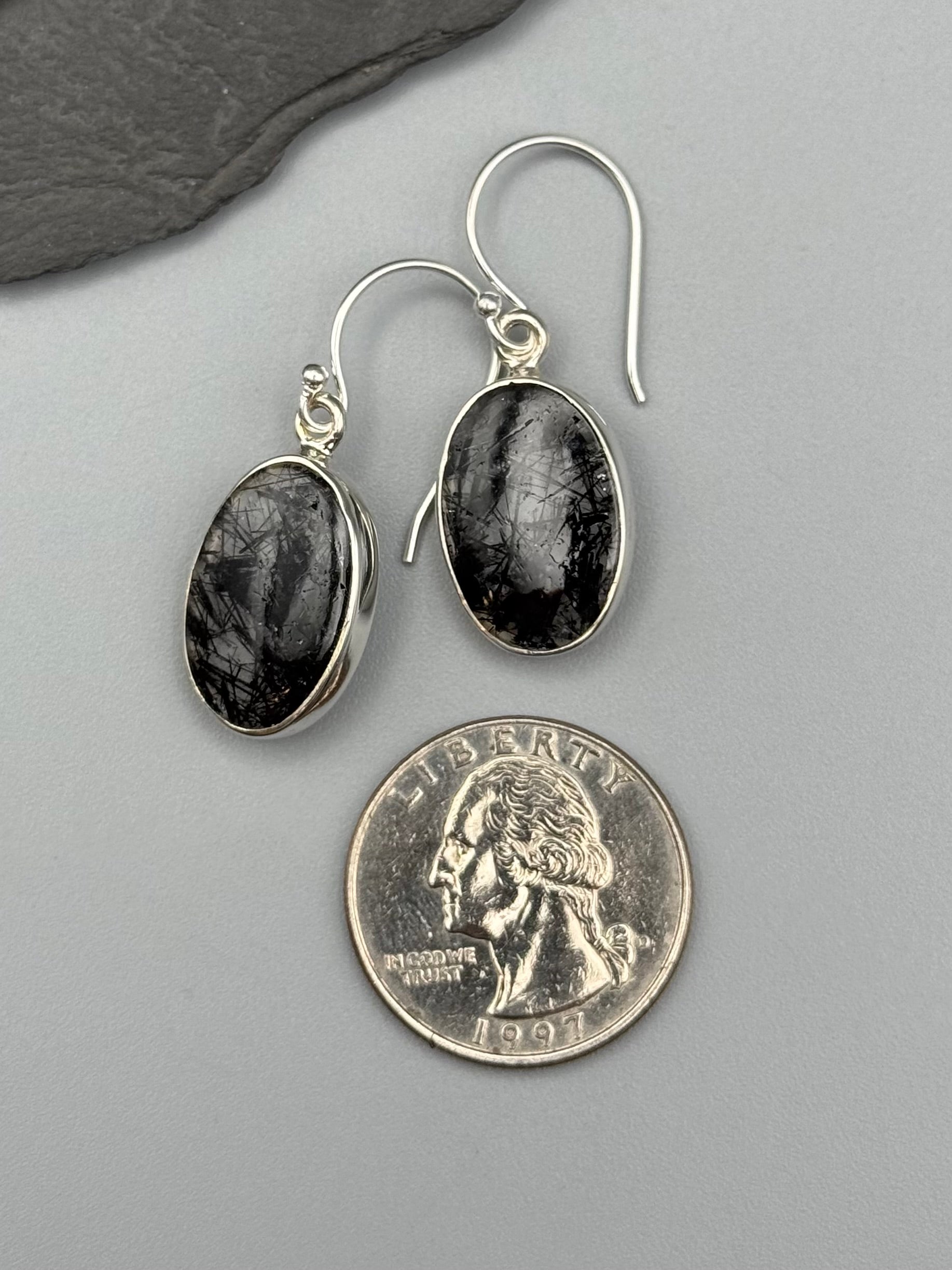 •SIMPLE OVAL• tourmalinated quartz + silver dangle earrings